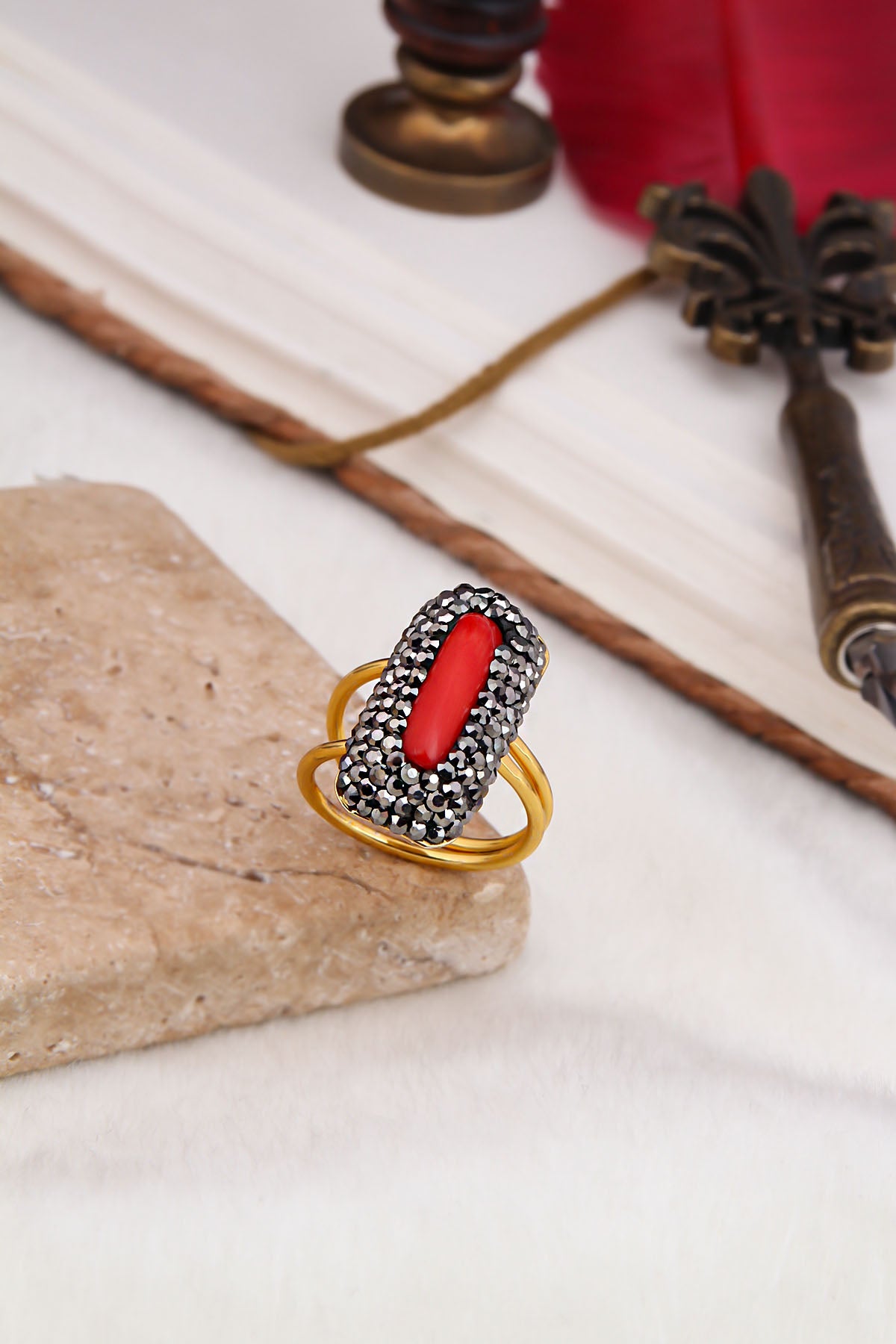 Coral & Hematite Ring