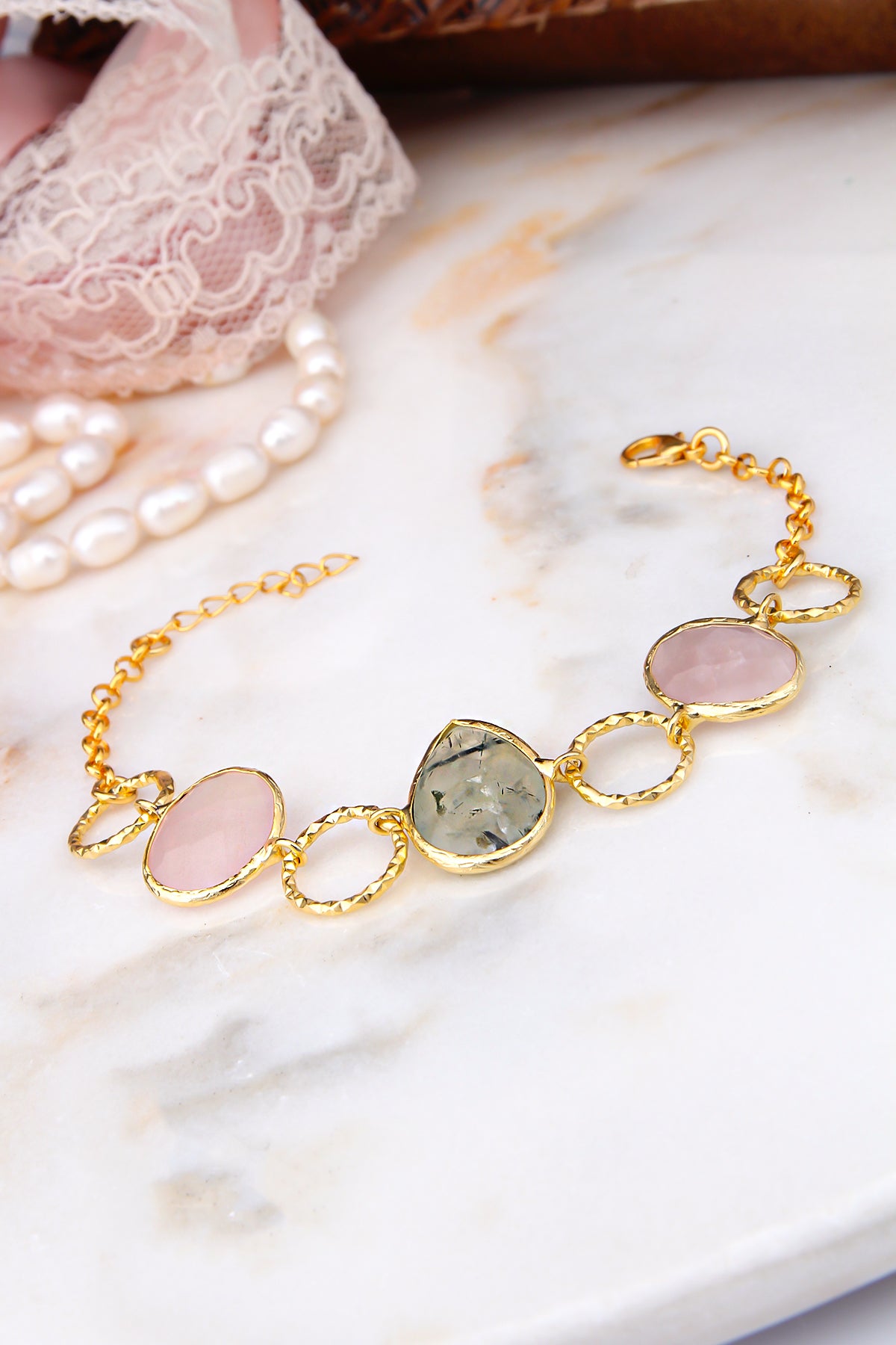Pink Quartz & Prehnite Bracelets