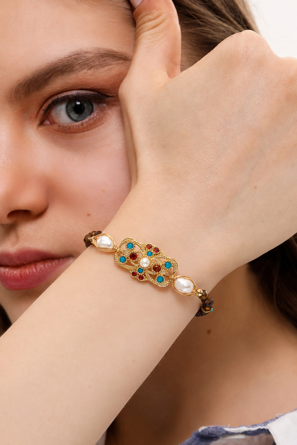 Tiger Eyes & Pearl Bracelet