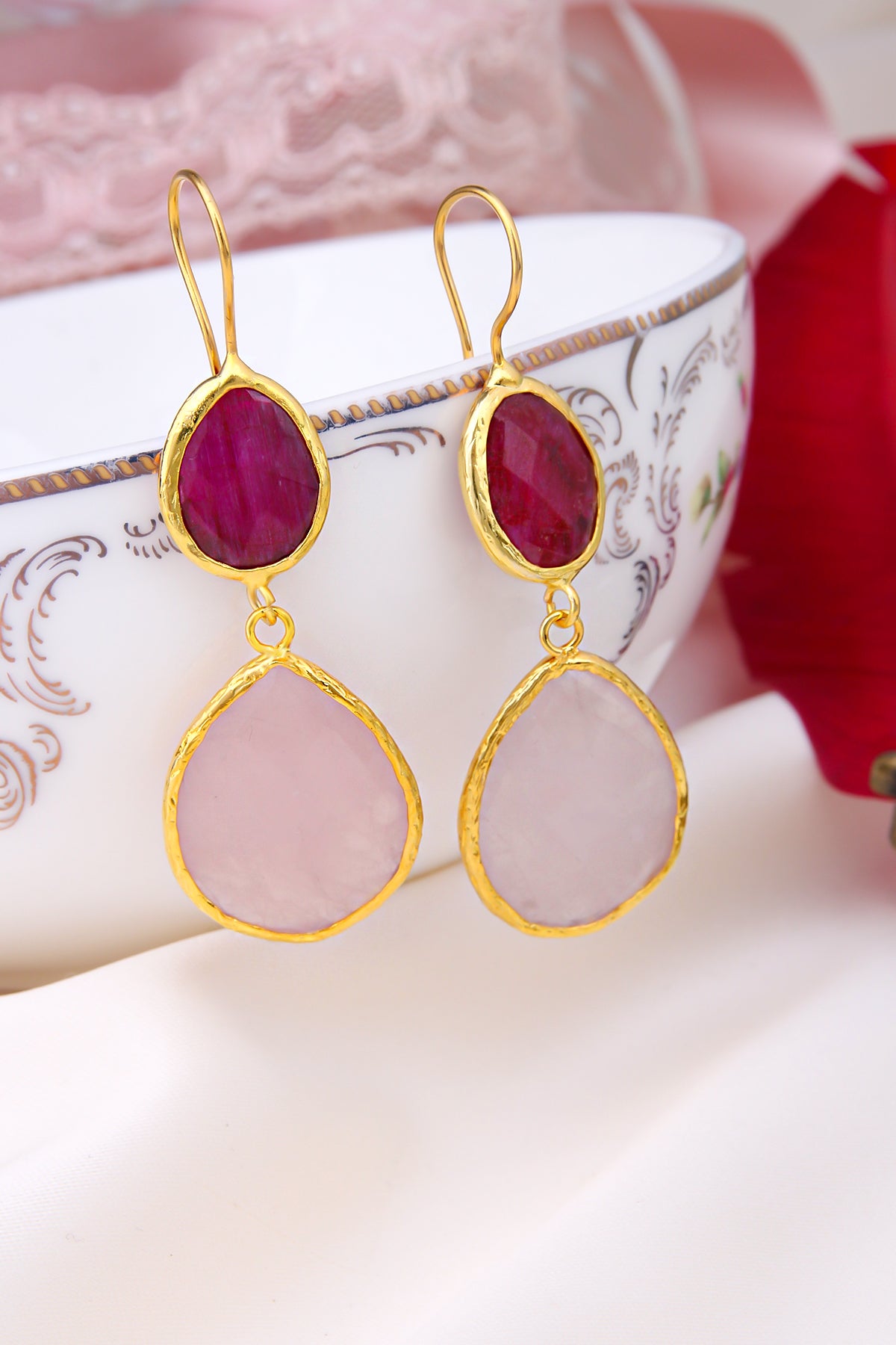 Agate & Pink Quartz Boucles d'oreilles