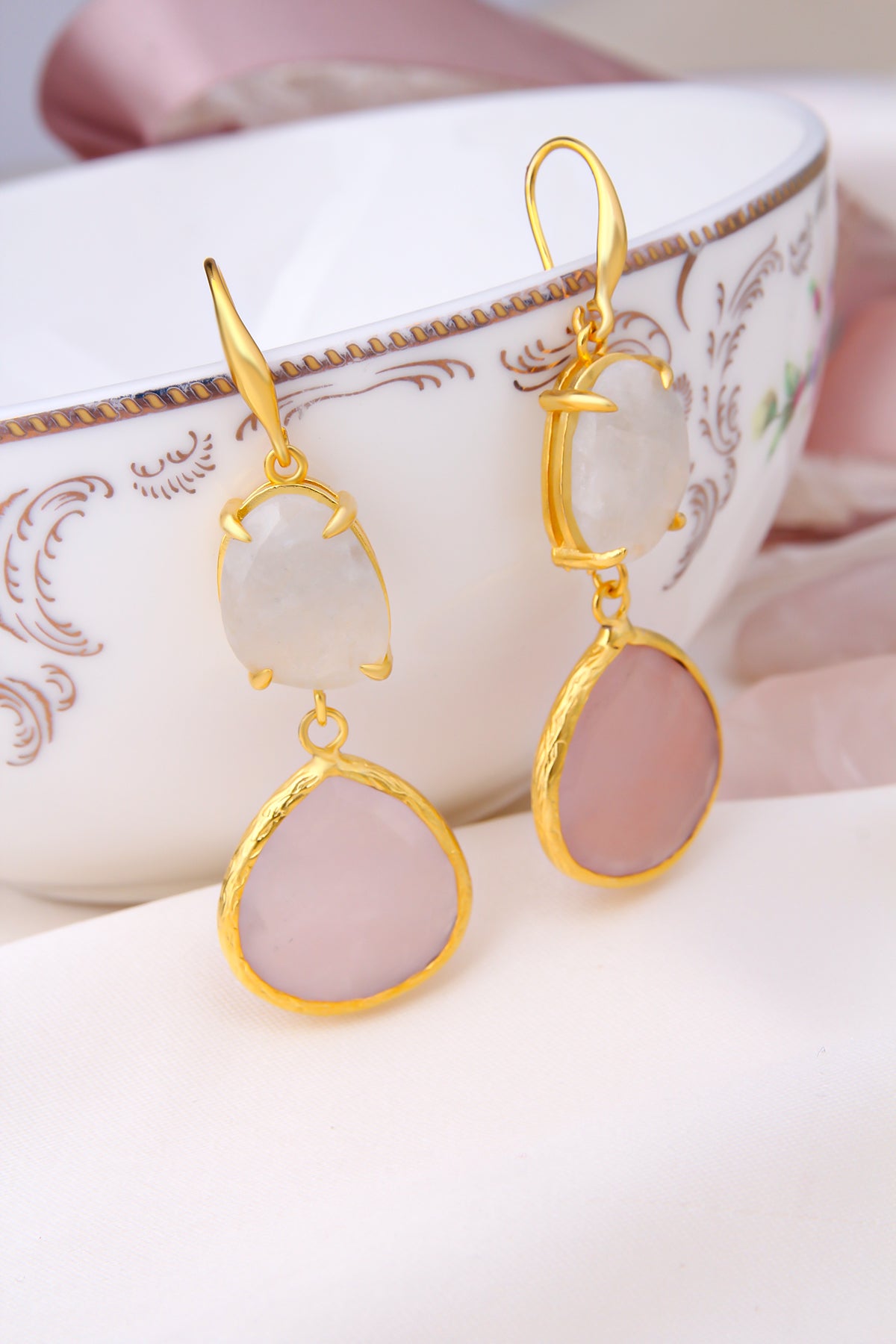 Moon Stone & Pink Quartz Boucles d'oreilles
