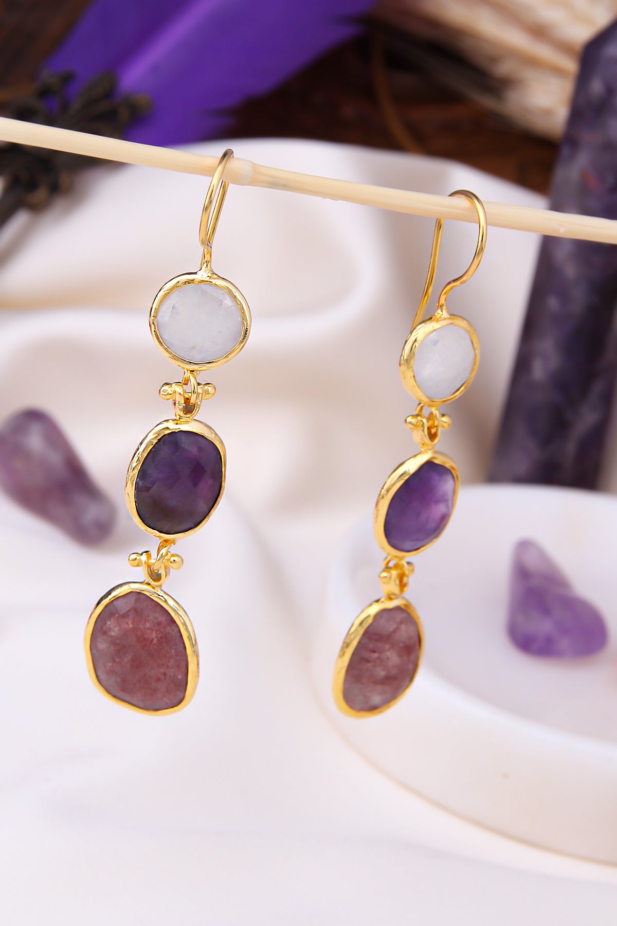 Moon Stone & Amethyst & Strawberry Quartz Boucles d'oreilles