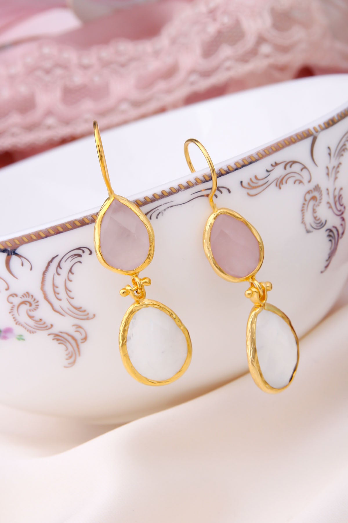 Pink Quartz & Moon Stone Boucles d'oreilles