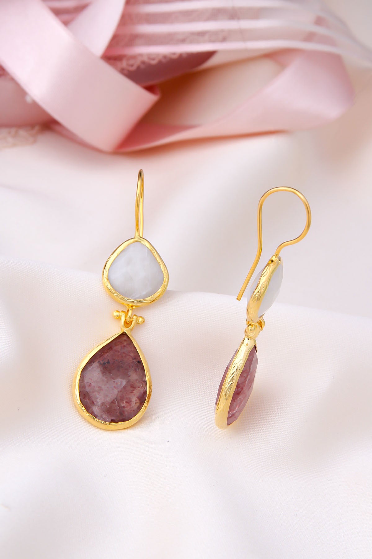 Moon Stone & Strawberry Quartz Boucles d'oreilles