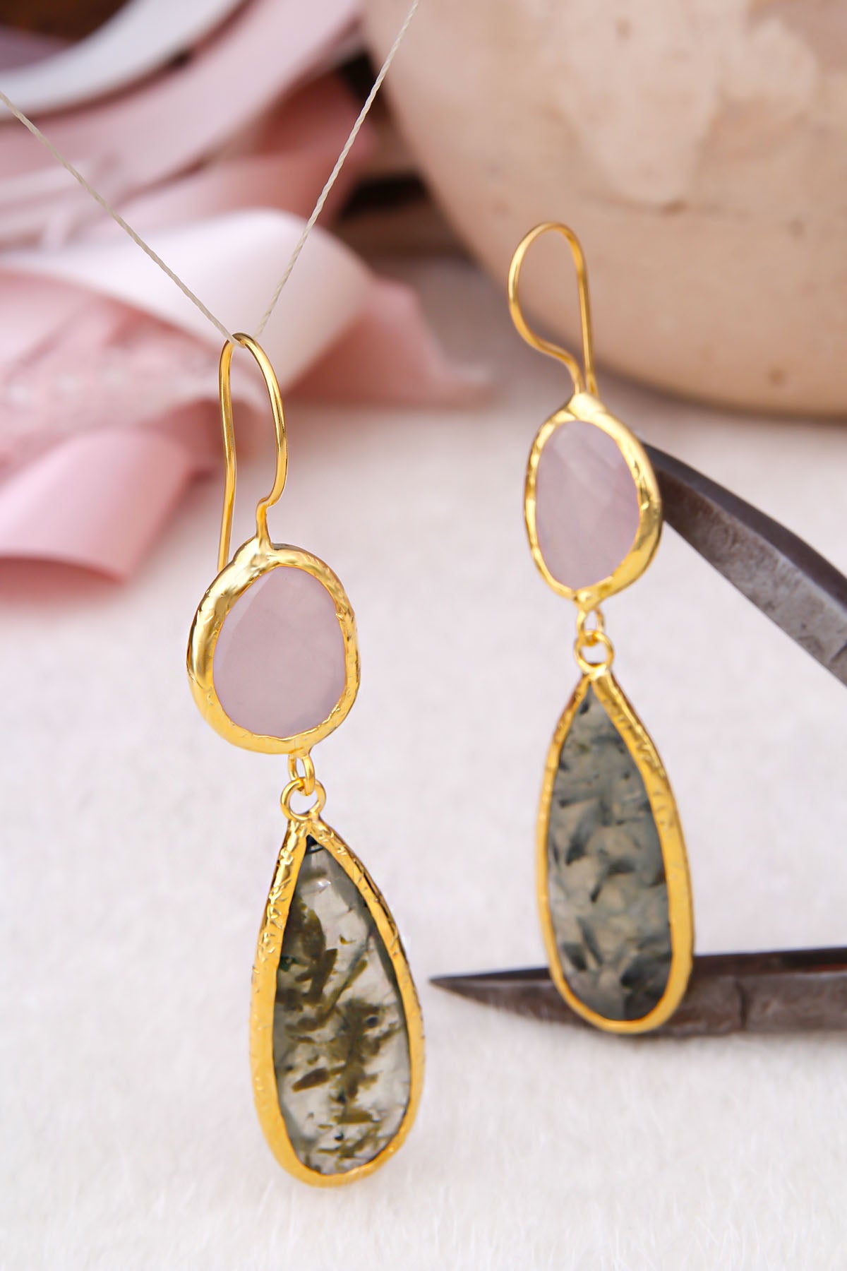 Pink Quartz & Prehnite Boucles d'oreilles