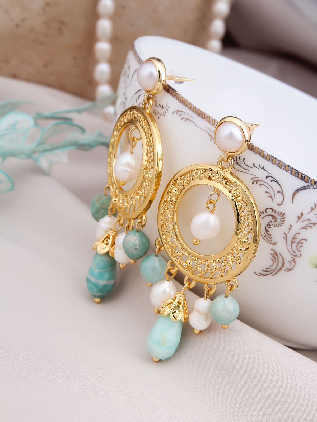 Amazonite & Pearl Boucles d'oreilles