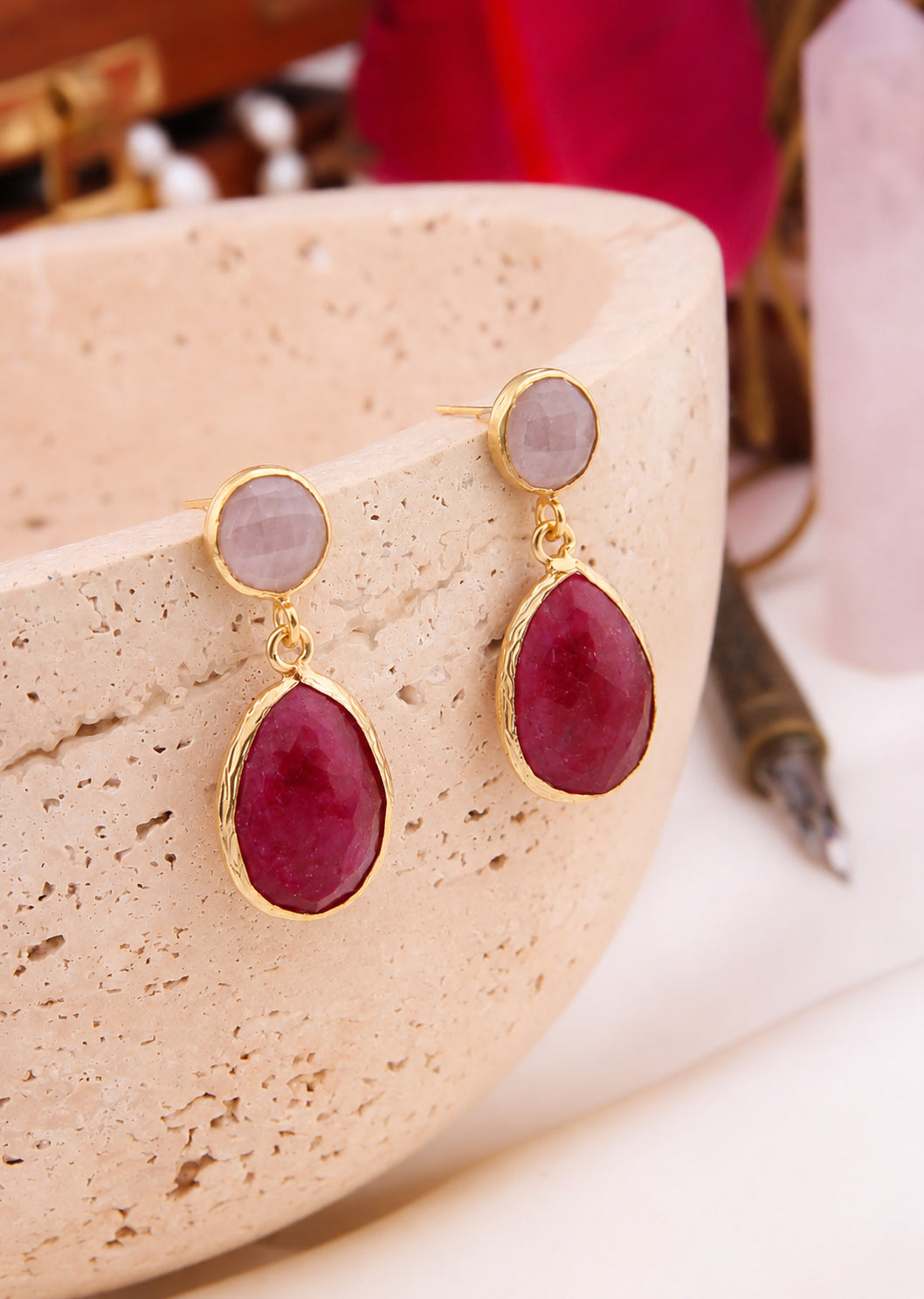 Root Ruby & Pink Quartz Earring