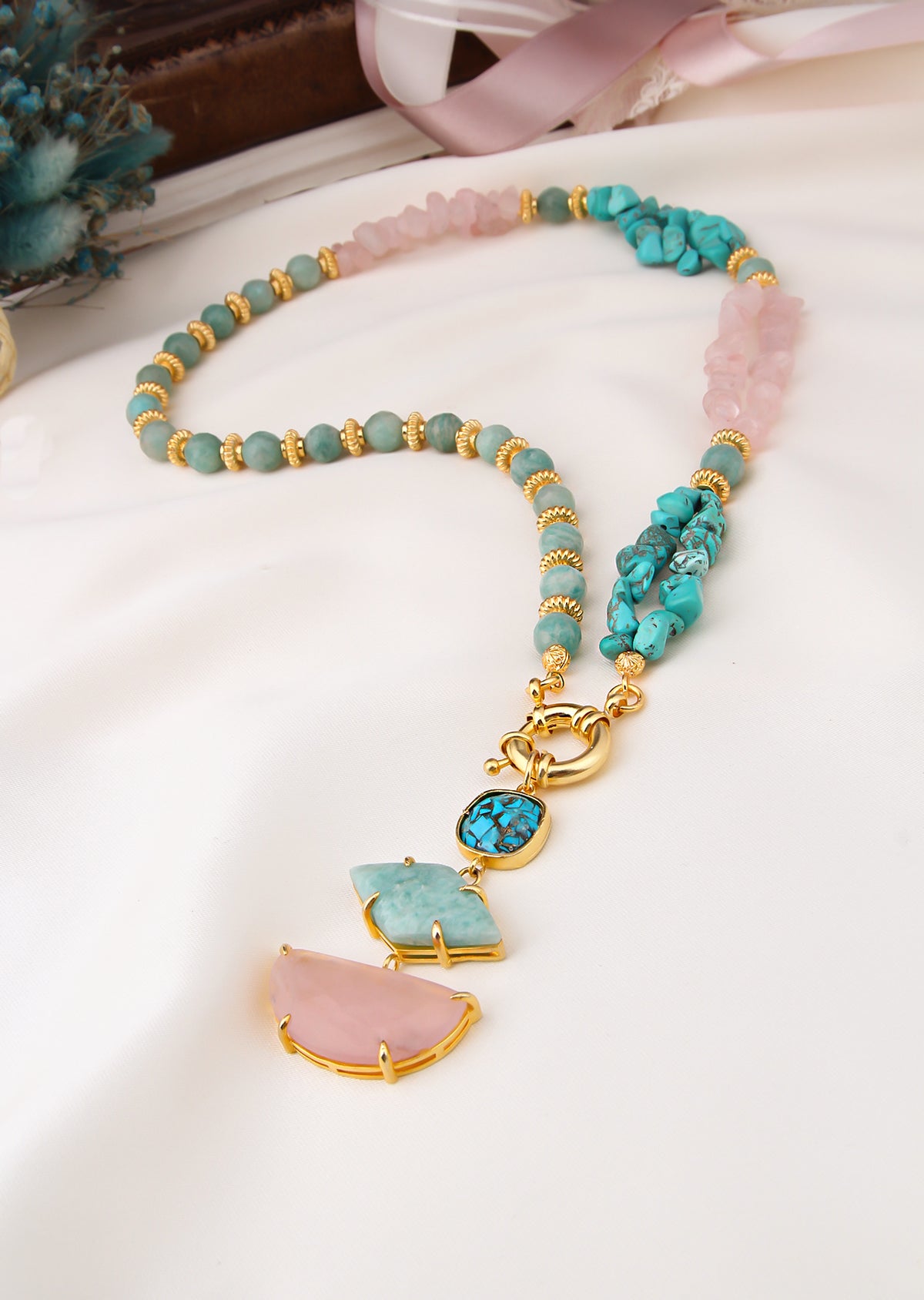 Pink Quartz & Amazonite & Turquoise Collier