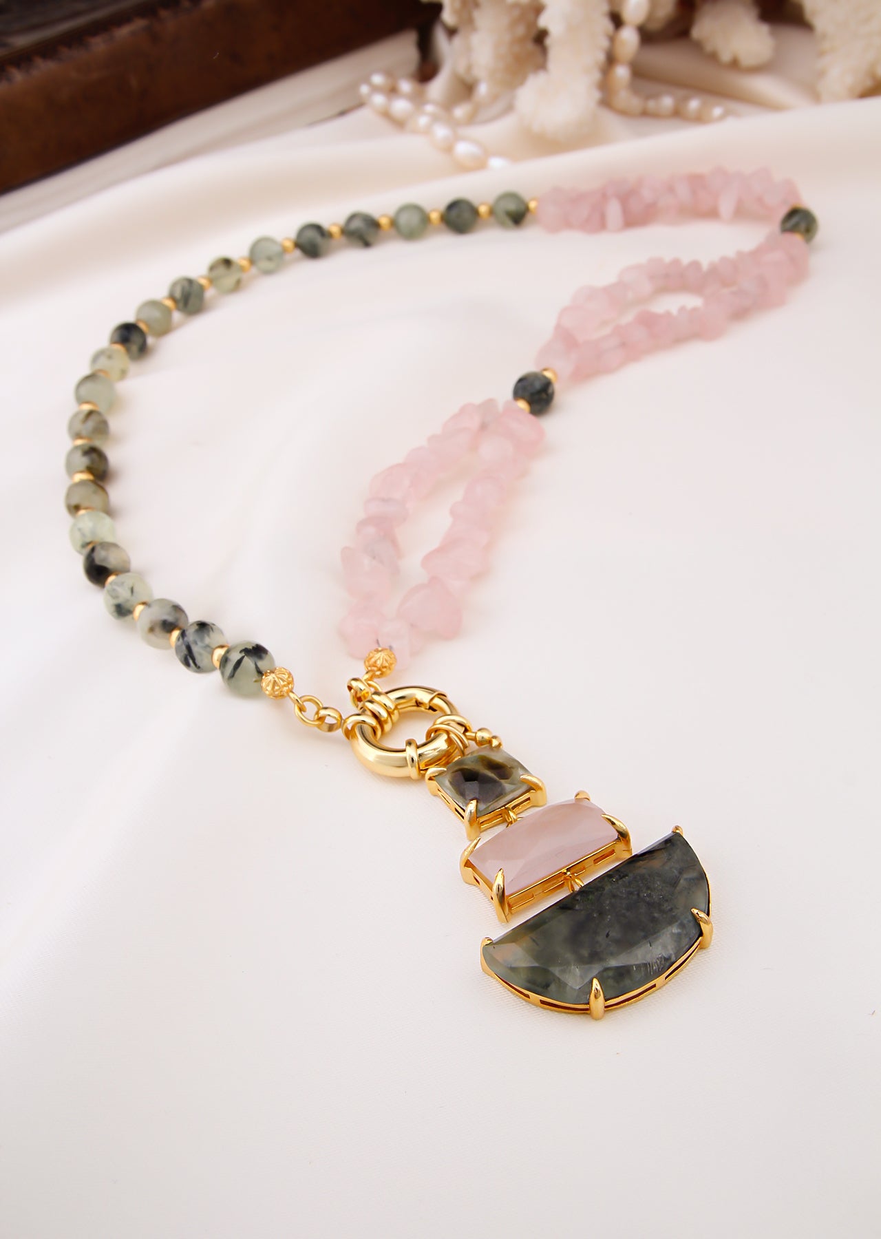Pink Quartz & Prehnite Collier