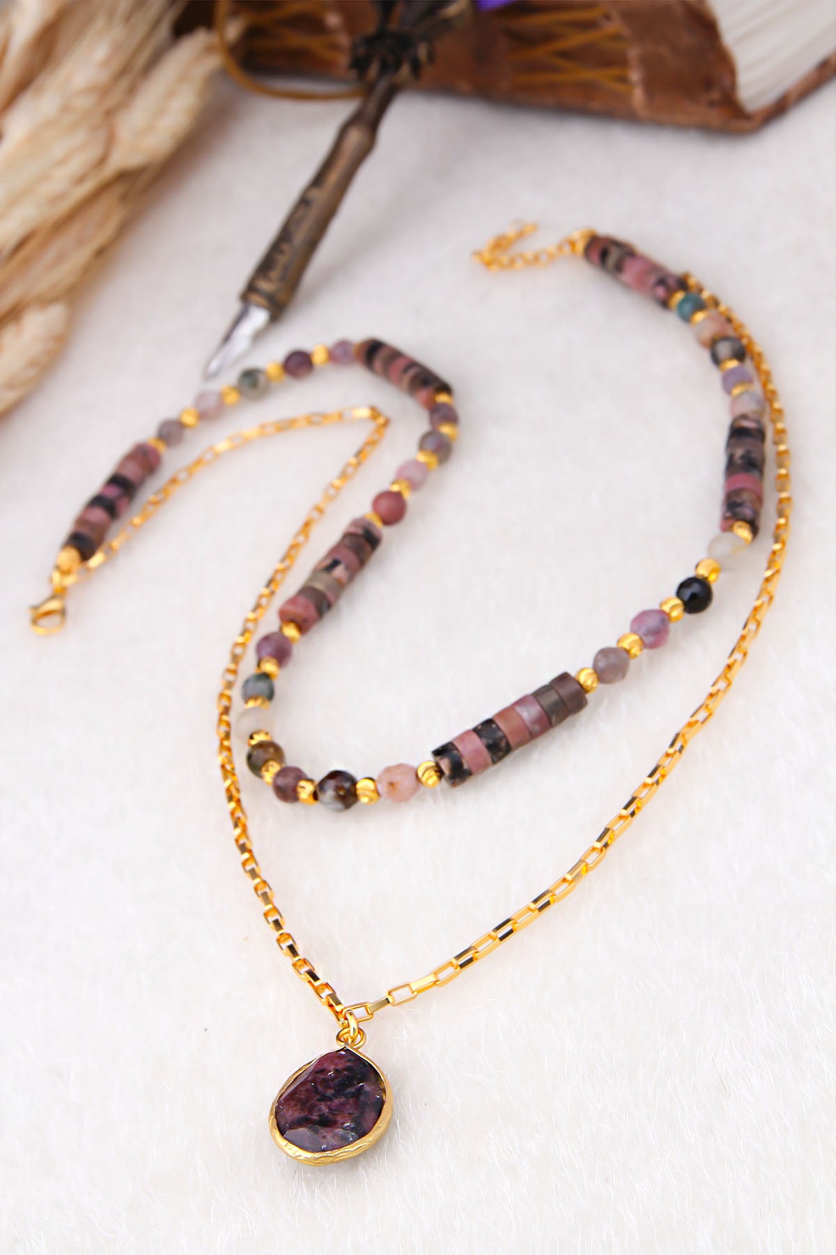 Rhodonite & Turmaline Collier