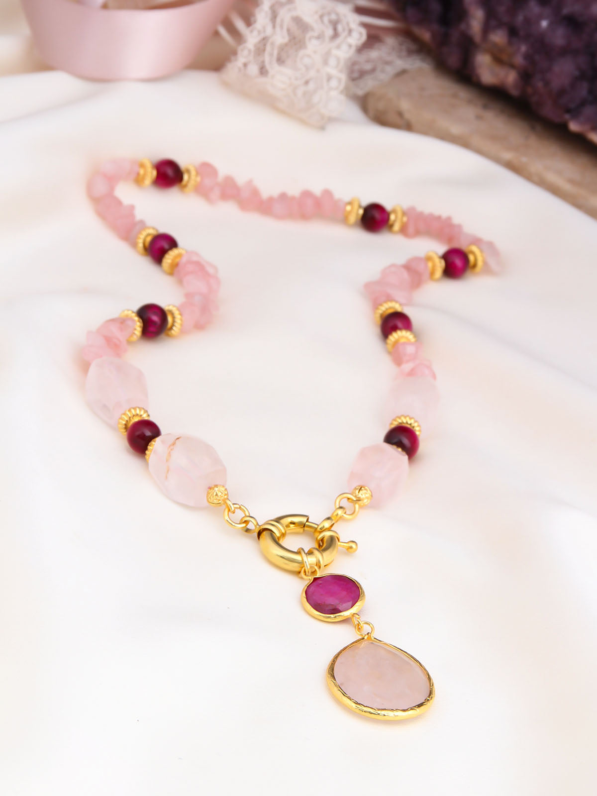Pink Quartz &amp; Tiger Eyes Necklace