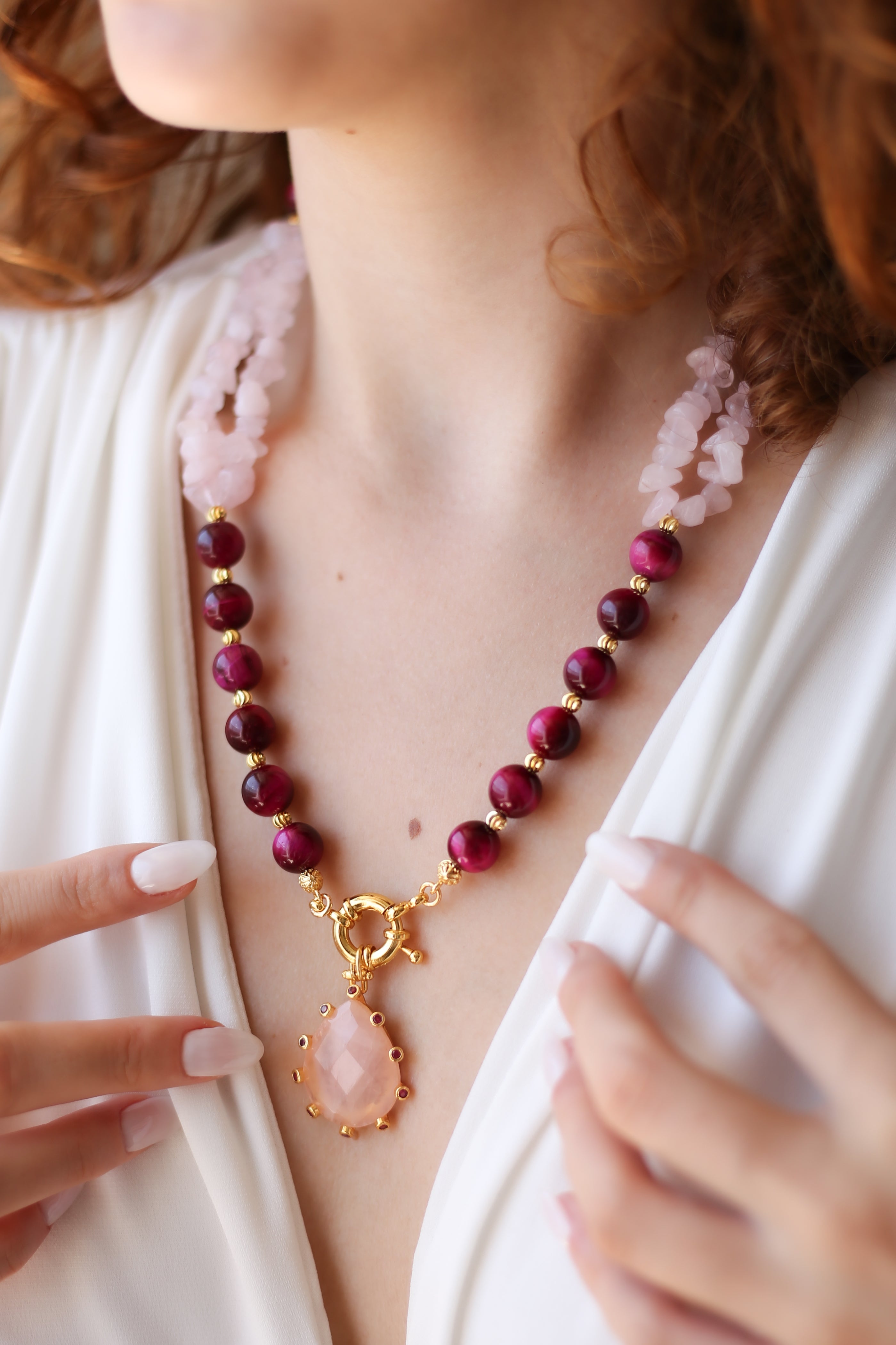 Pink Quartz & Agate Necklace