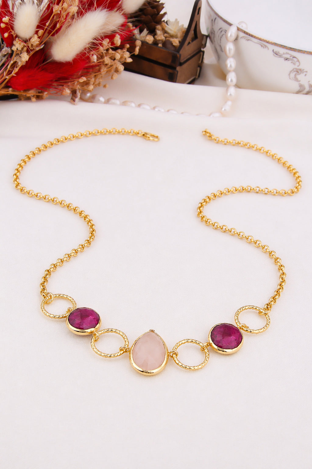 Pink Quartz & Root Ruby Necklace