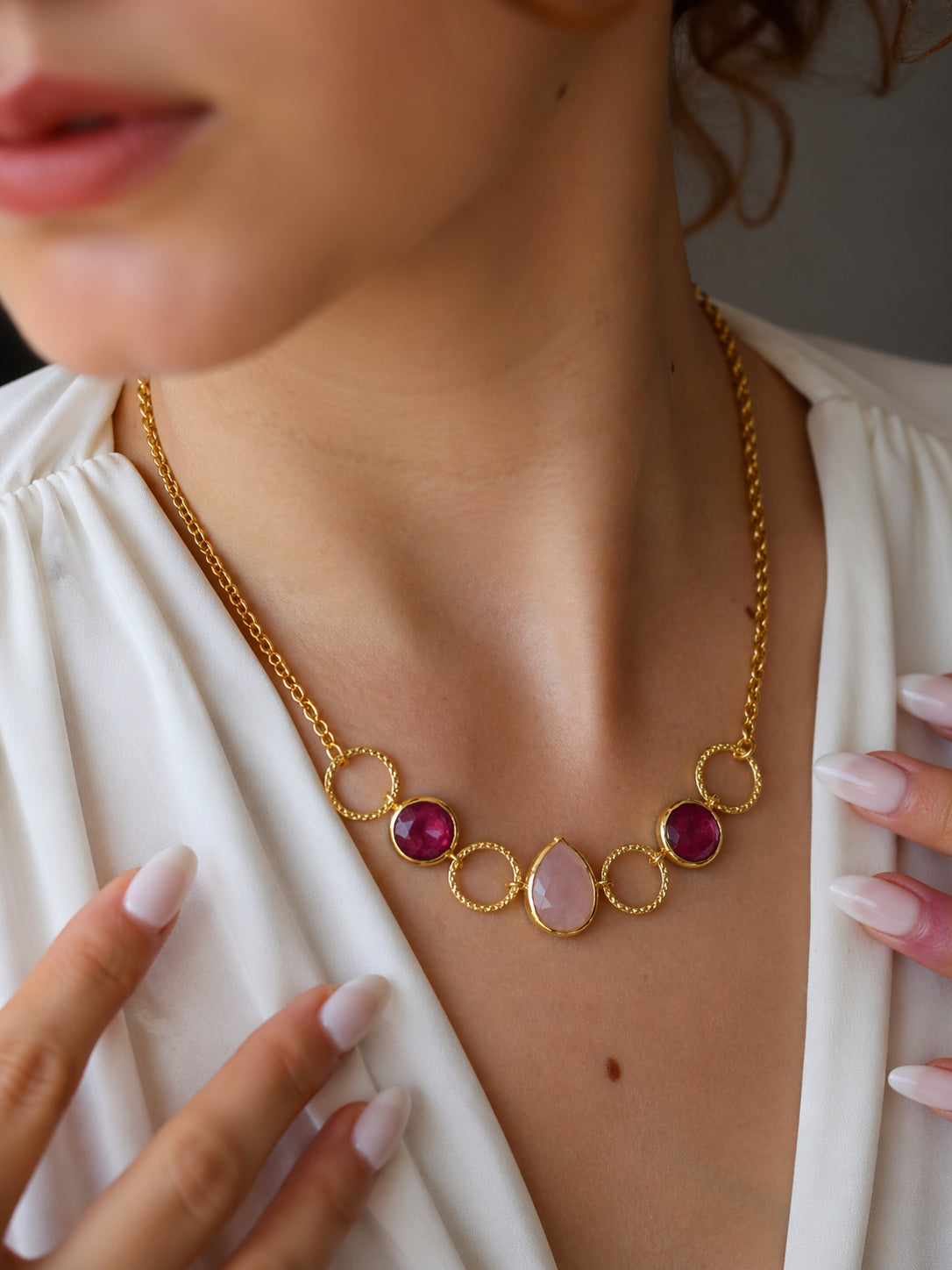 Pink Quartz & Root Ruby Necklace
