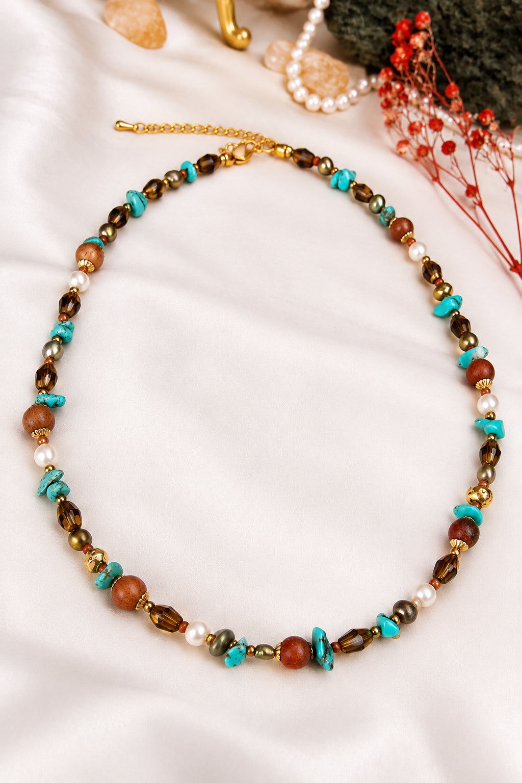 Turquoise & Tiger Eyes & Pearl Necklace