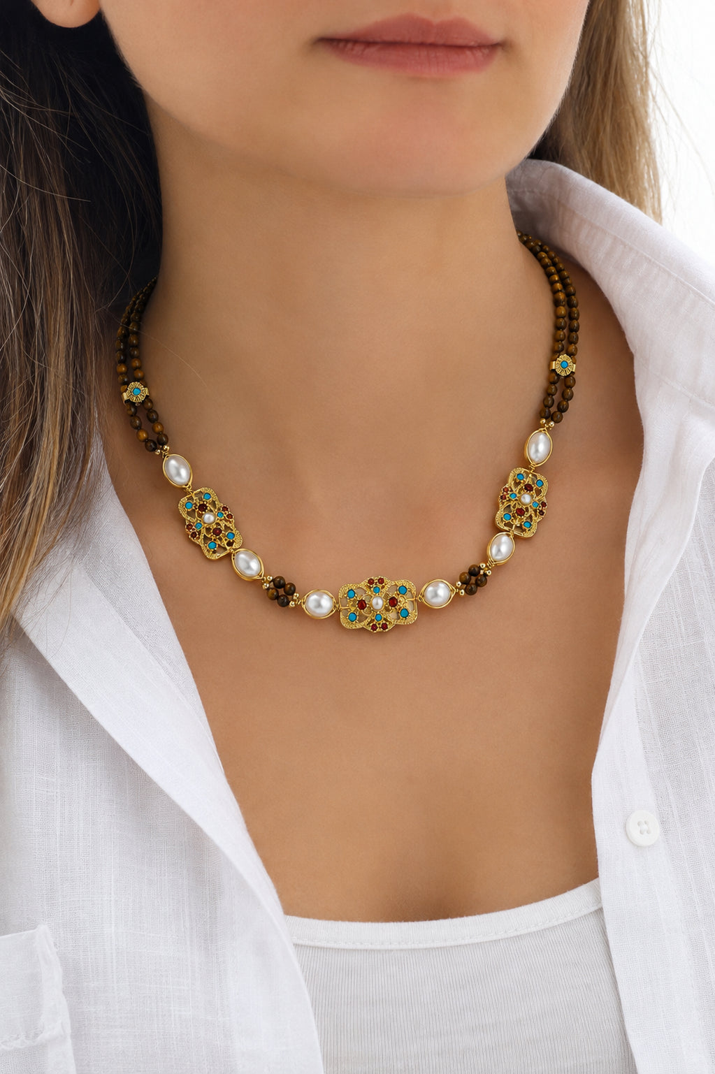 Tiger Eyes & Pearl Necklace