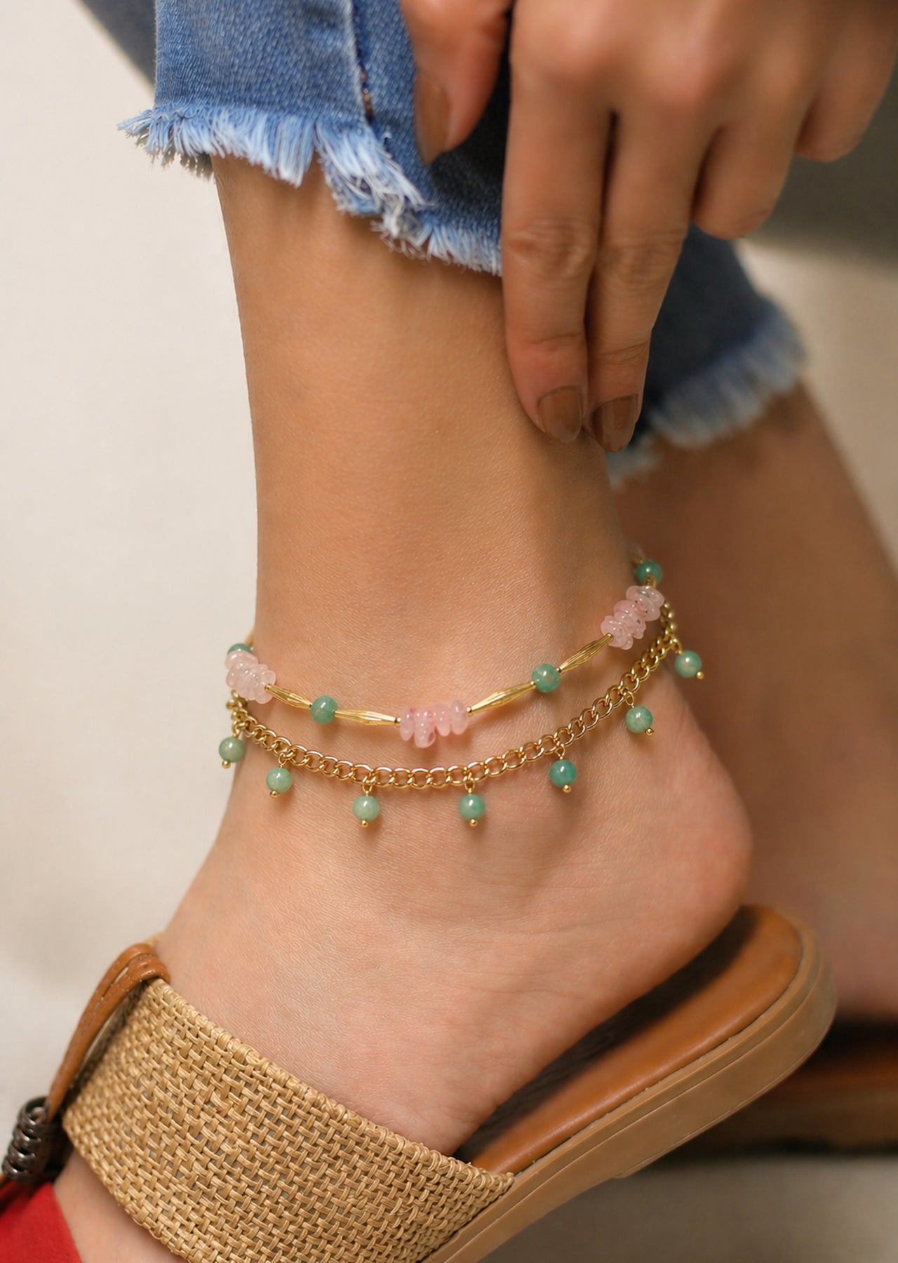Turquoise & Pink Quartz Anklet
