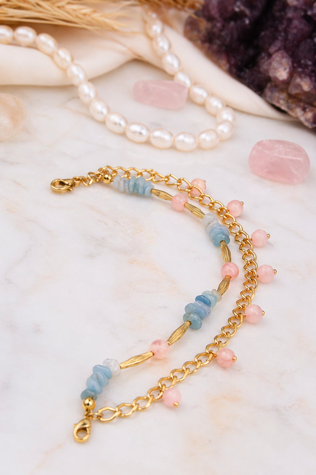 Pink Quartz & Aquamarine Anklet