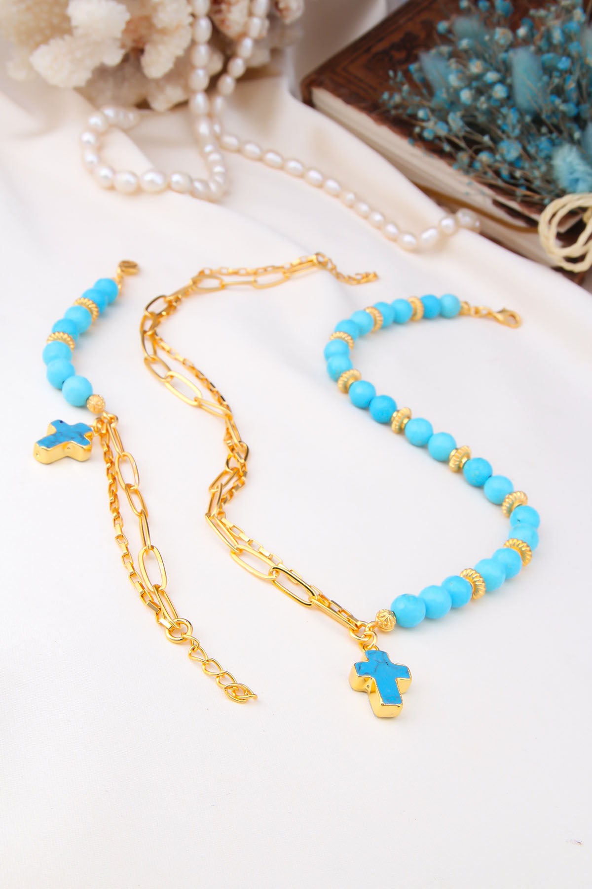 Painted Tiger Eyes &amp; Turquoise Necklace &amp; Bracelet Set