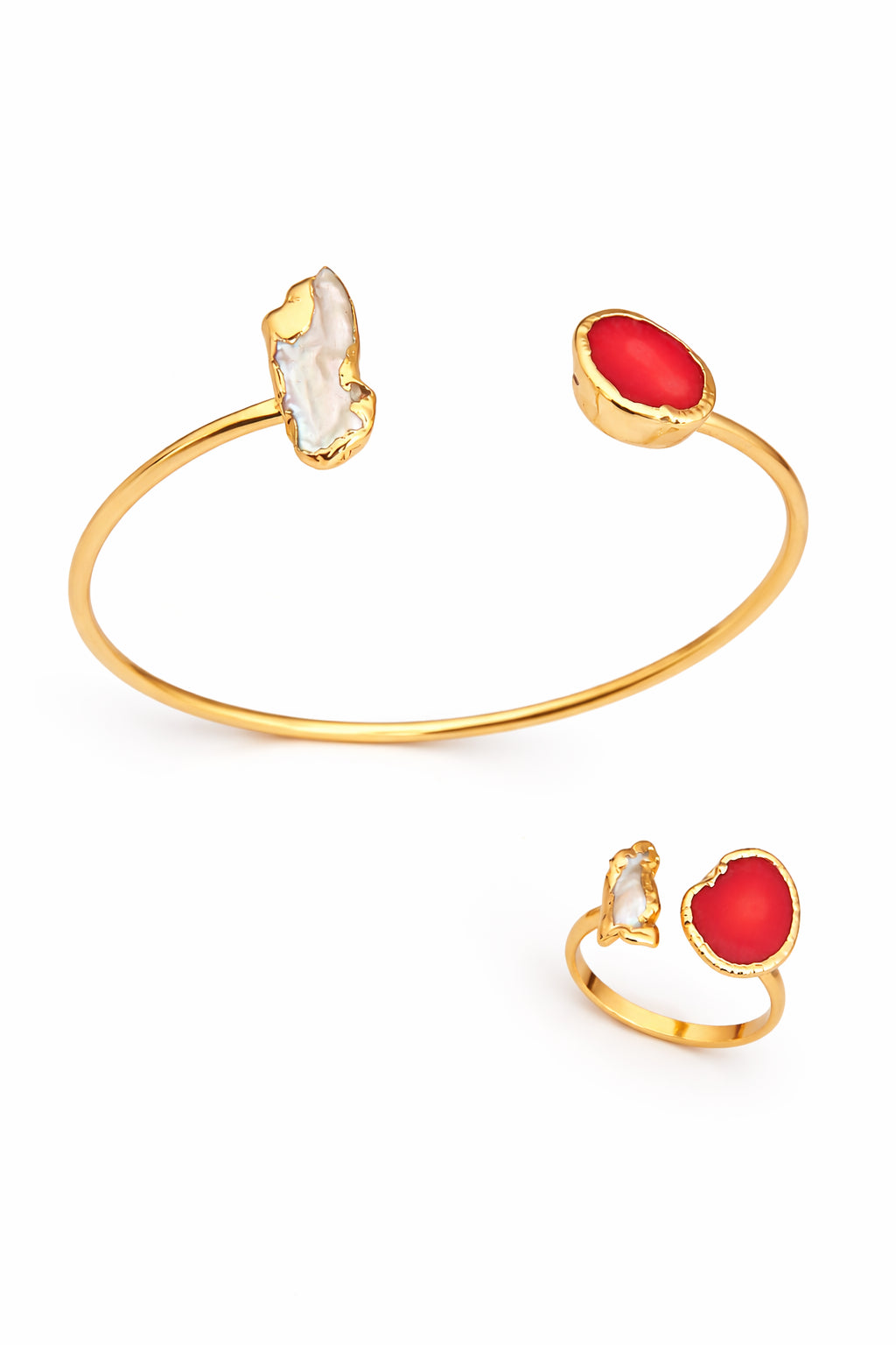 Coral & Pearl Bracelet Ring Set