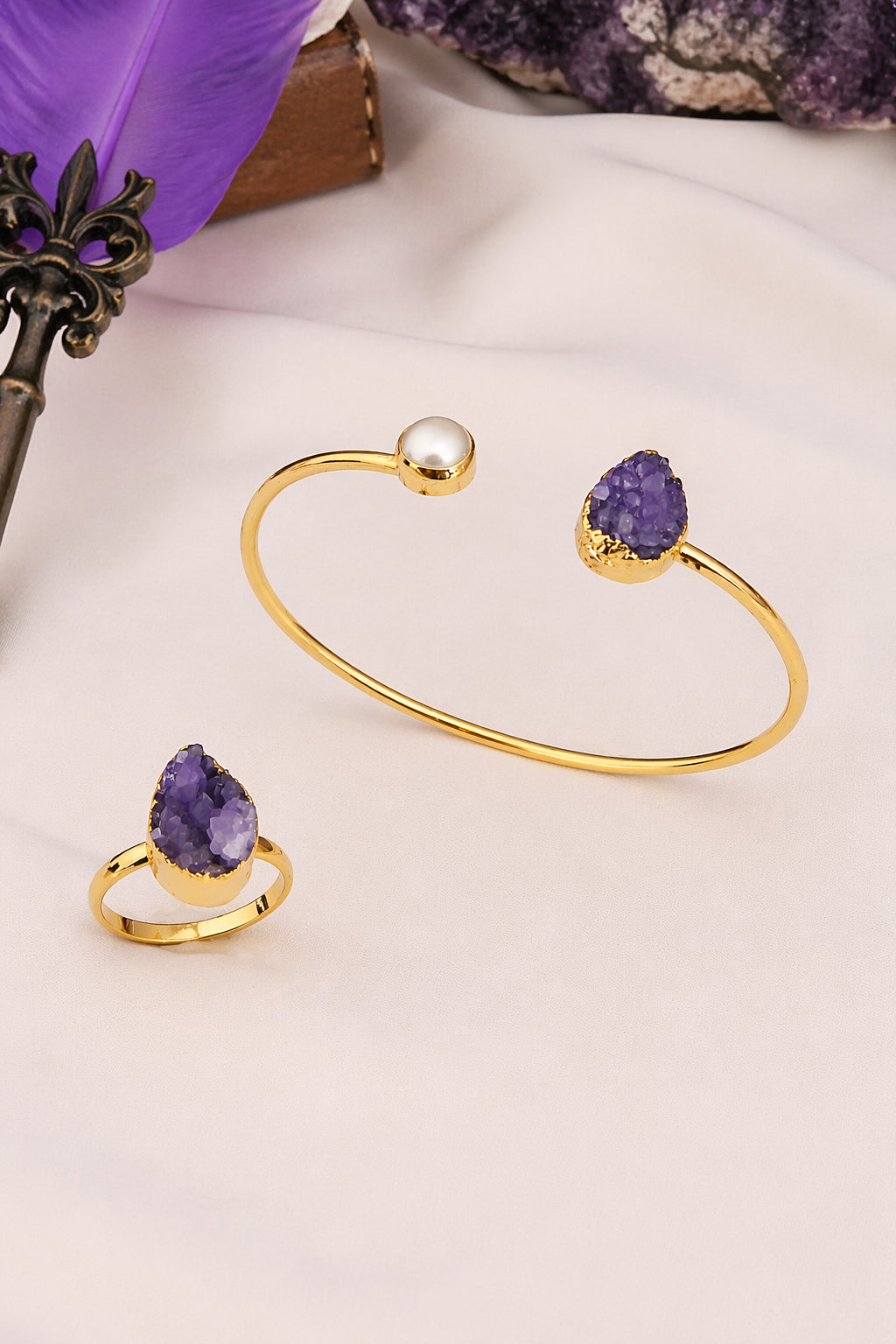 Pearl & Quartz Bracelet Ring Set