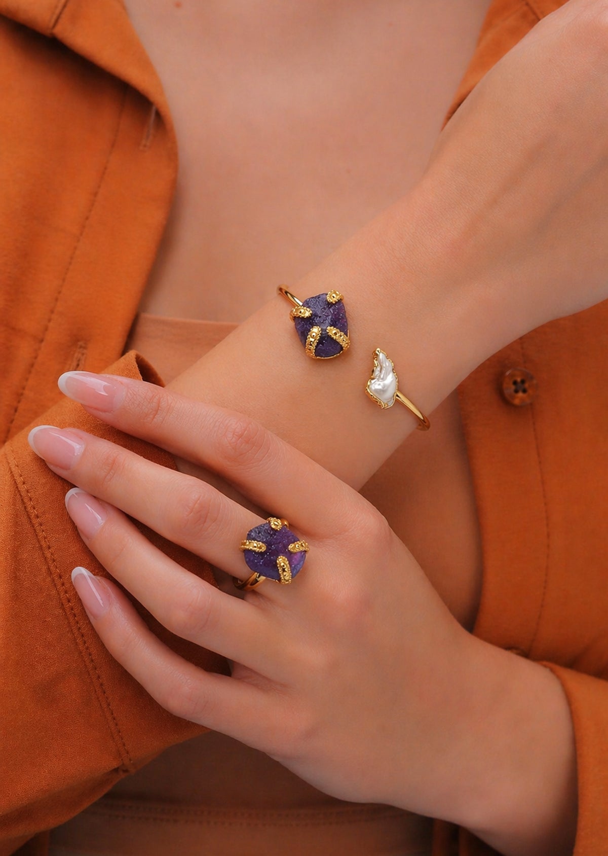 Pearl & Quartz Bracelet Ring Set