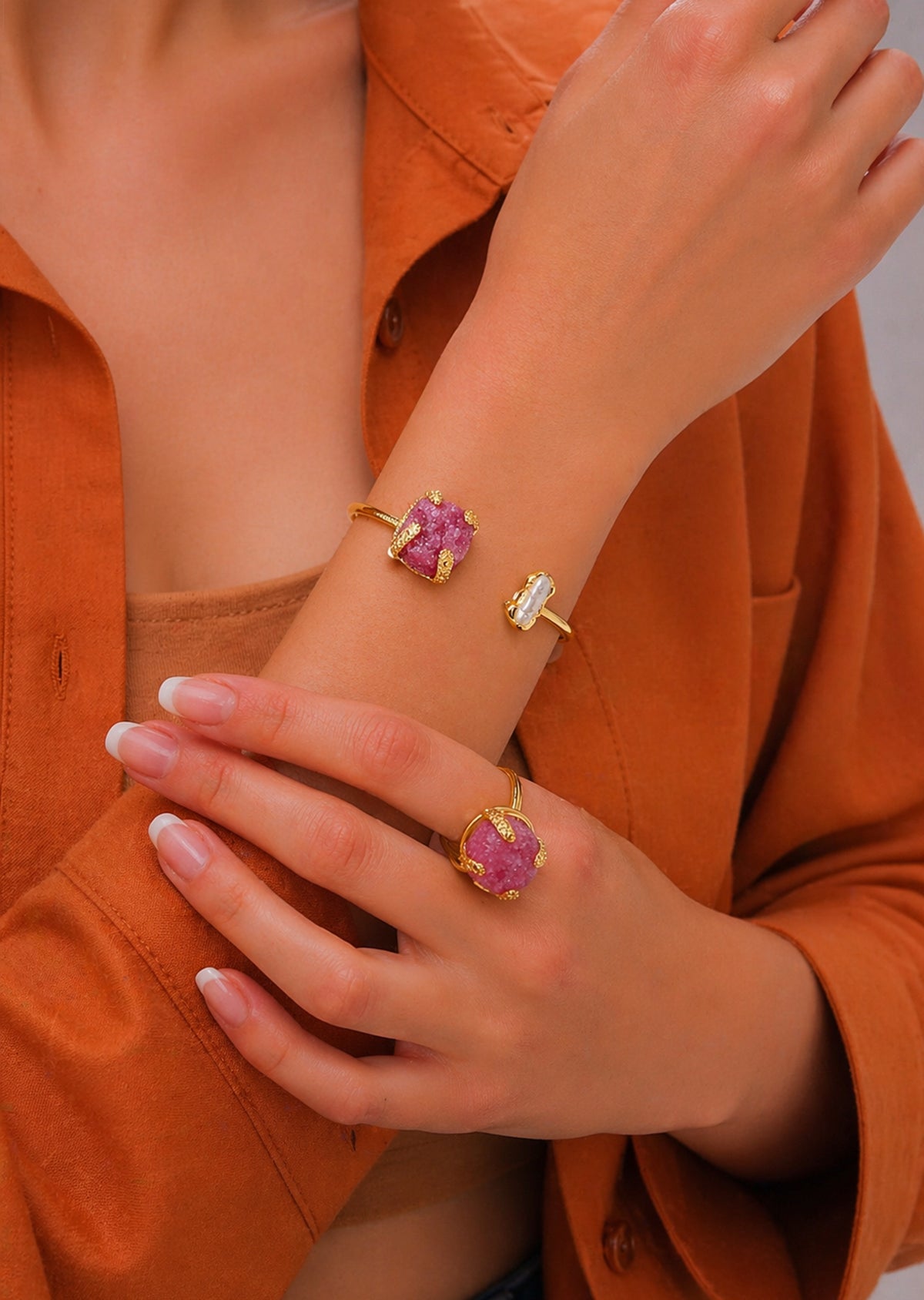 Pearl & Quartz Bracelet Ring Set