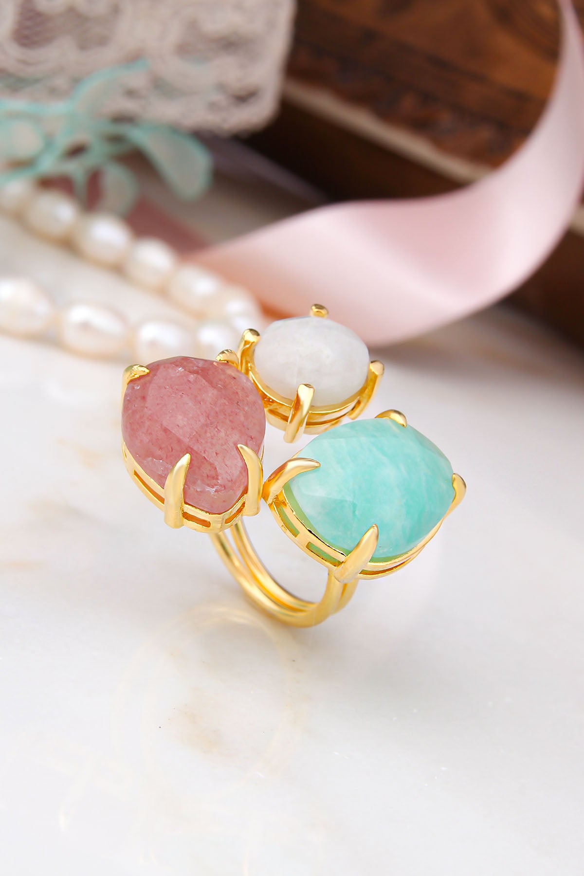 Moon Stone & Sun Stone & Amazonite Bagues