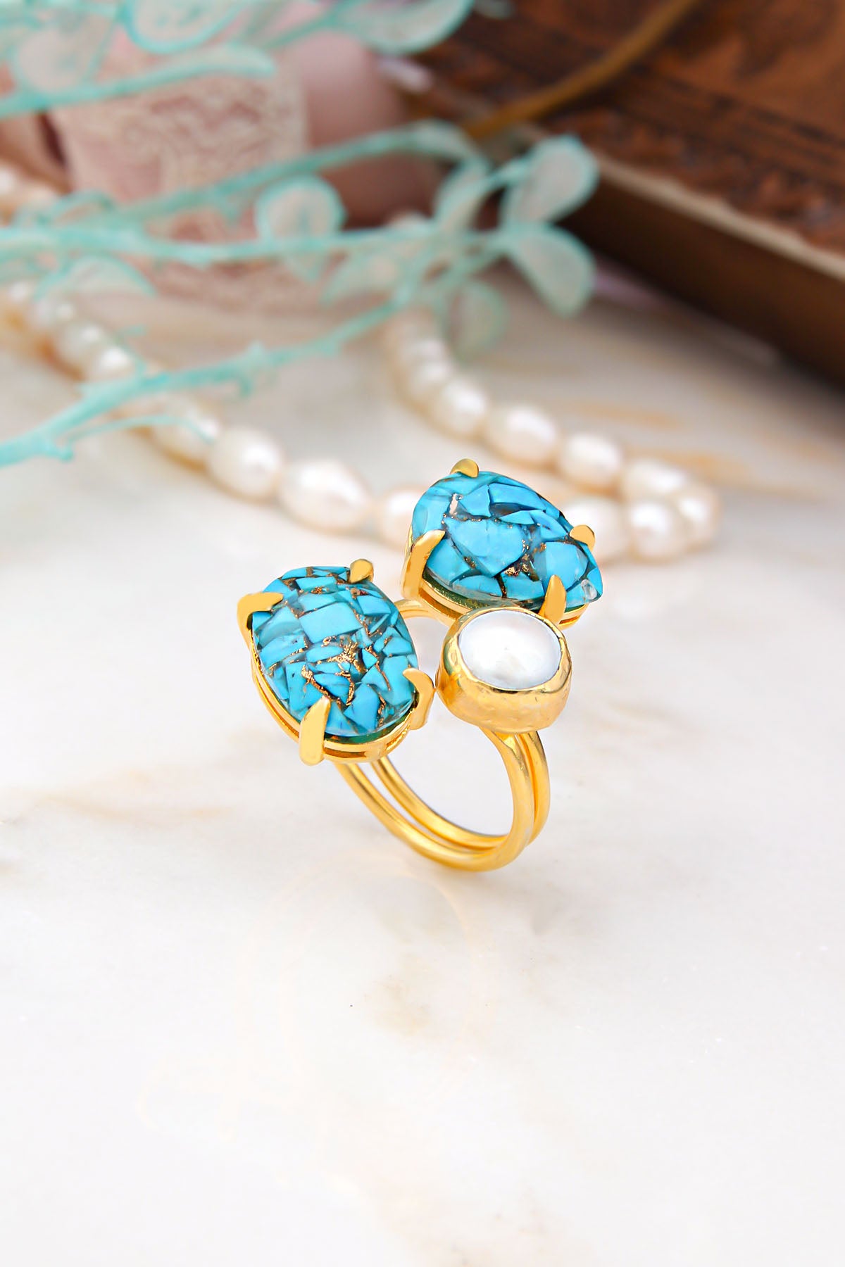 Turquoise& Pearl Bagues