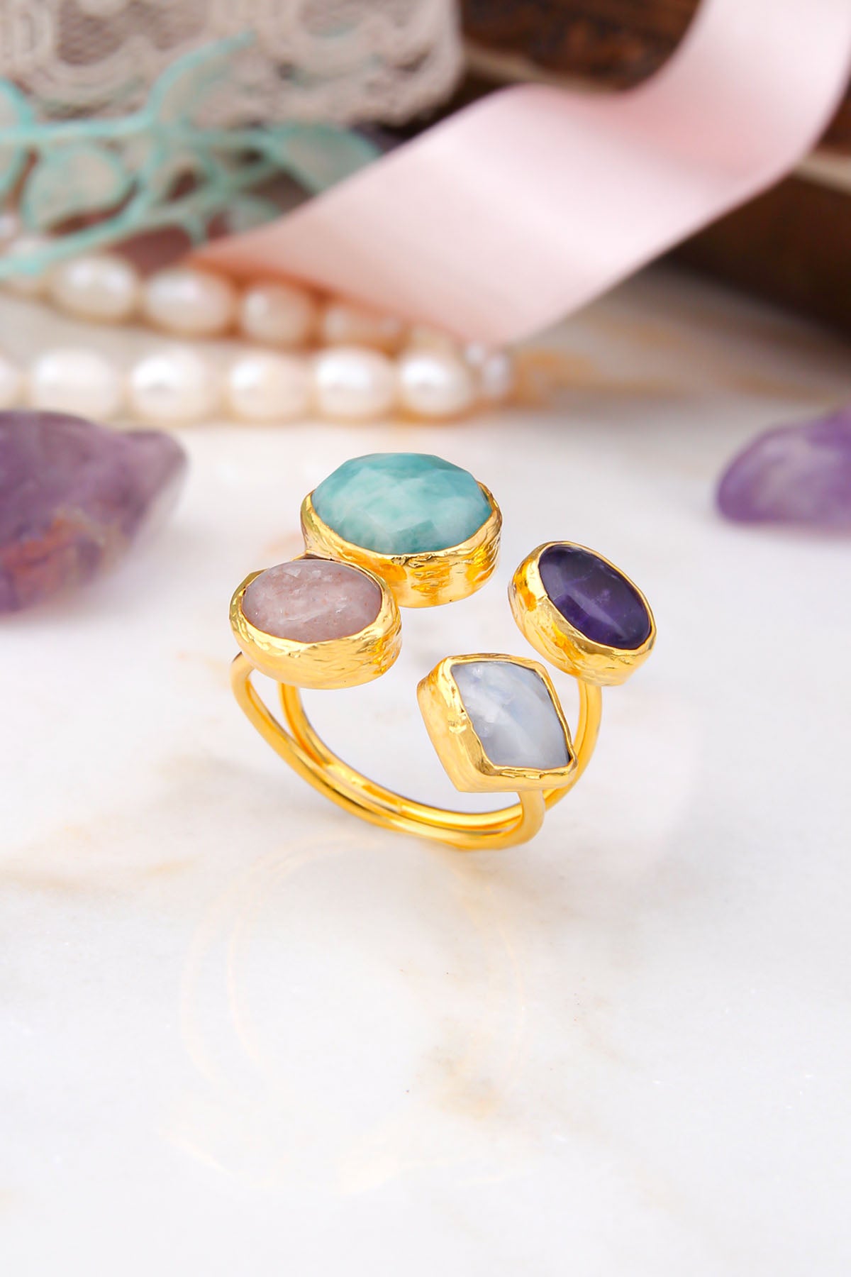 Sun Stone & Amazonite & Moon Stone & Saphire Bagues