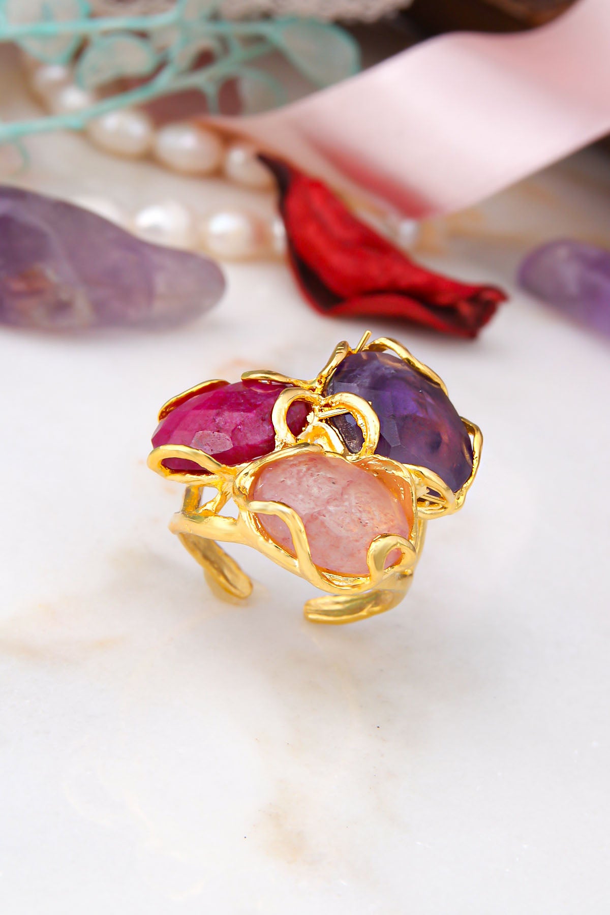 Agate & Sun Stone & Amethyst Bagues
