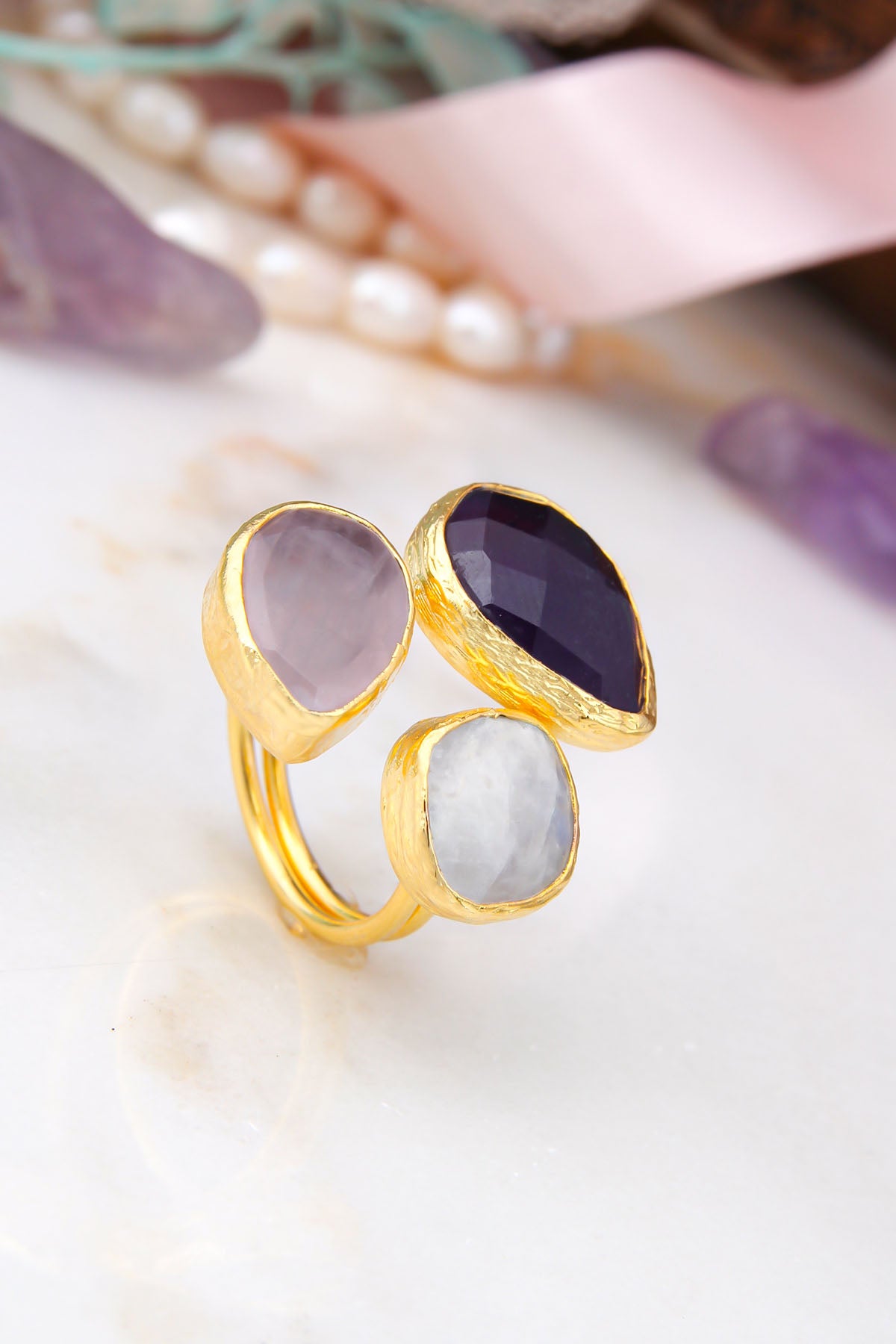 Pink Quartz & Moon Stone & Amethyst Bagues