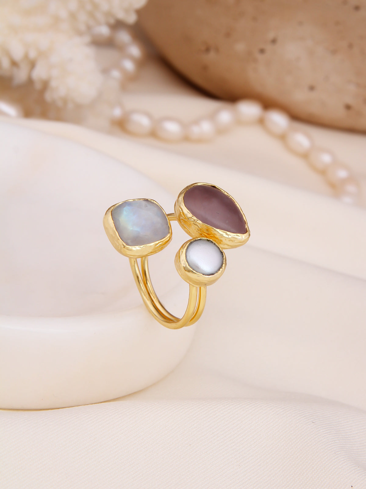 Sunstone & Pearl & Moonstone Bague