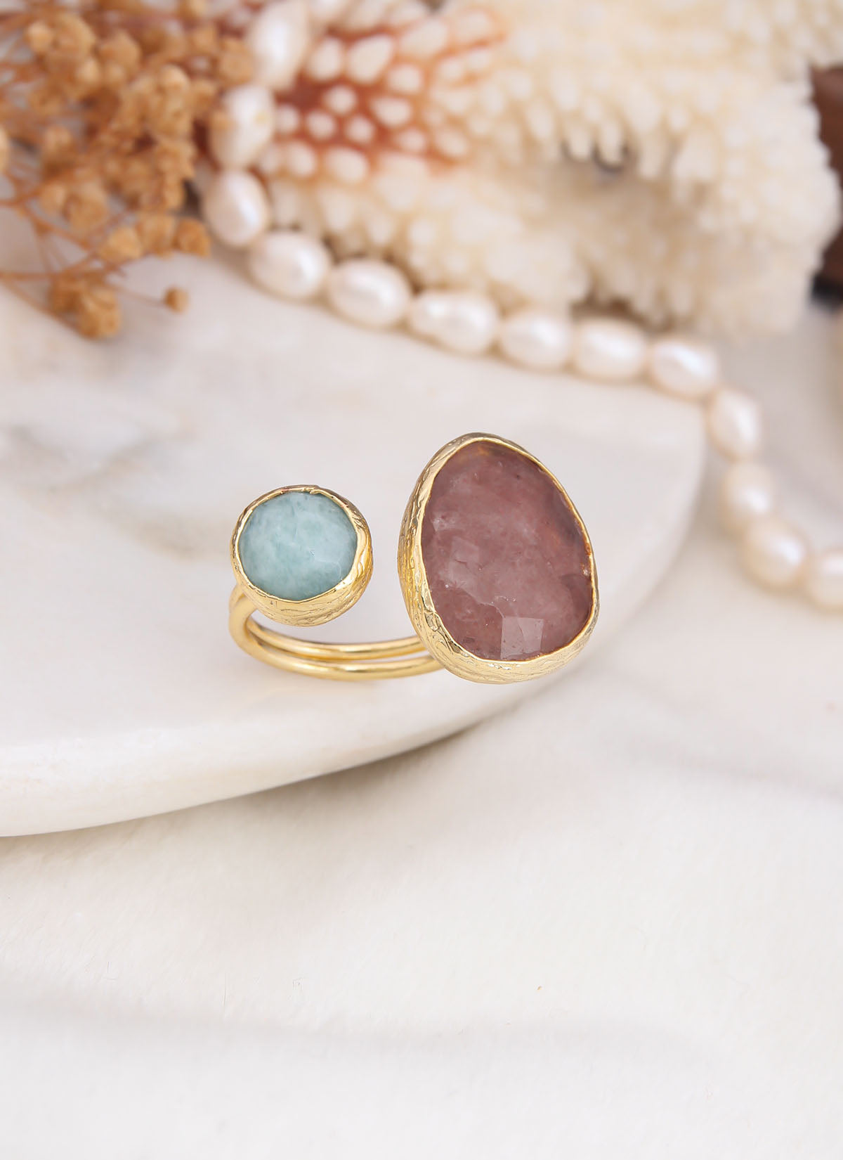 Strawberry Quartz & Amazonite Ring