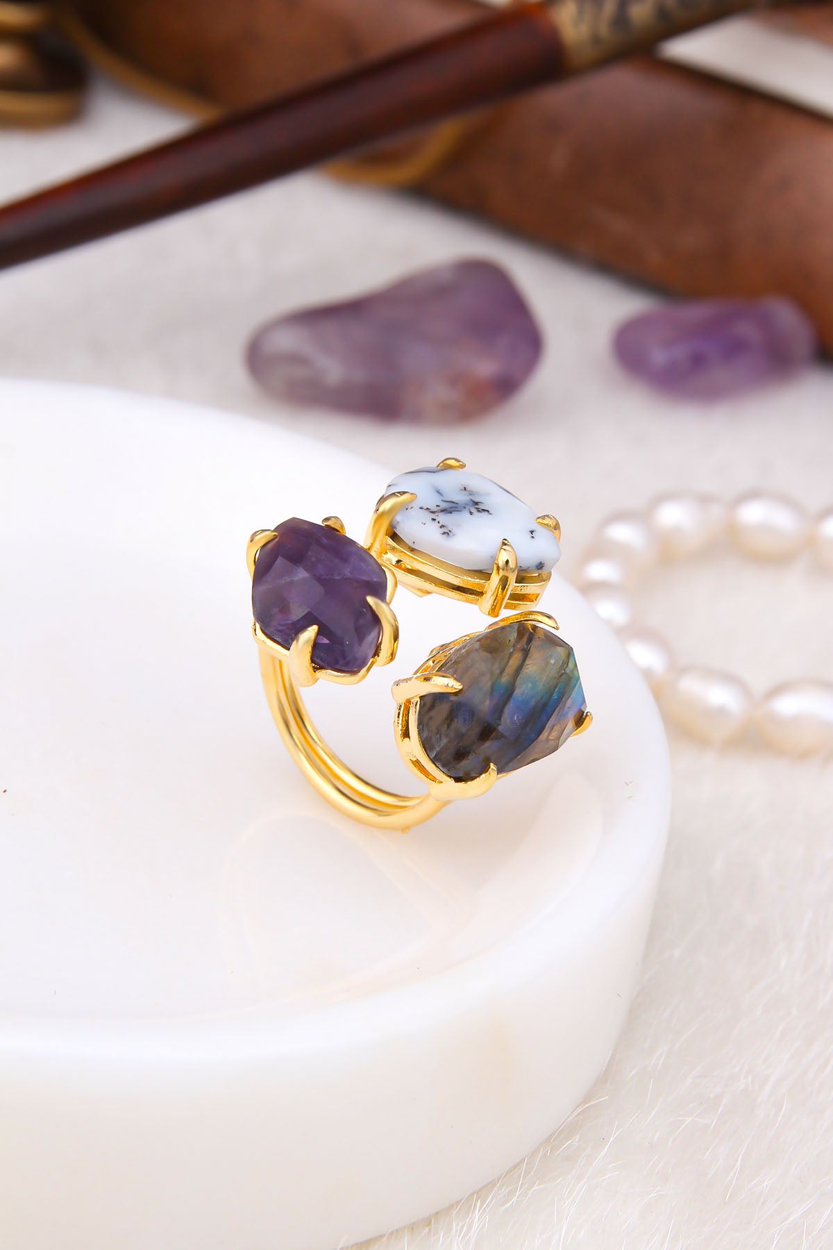 Dendrite Stone & Amethyst & Labradorite Bagues