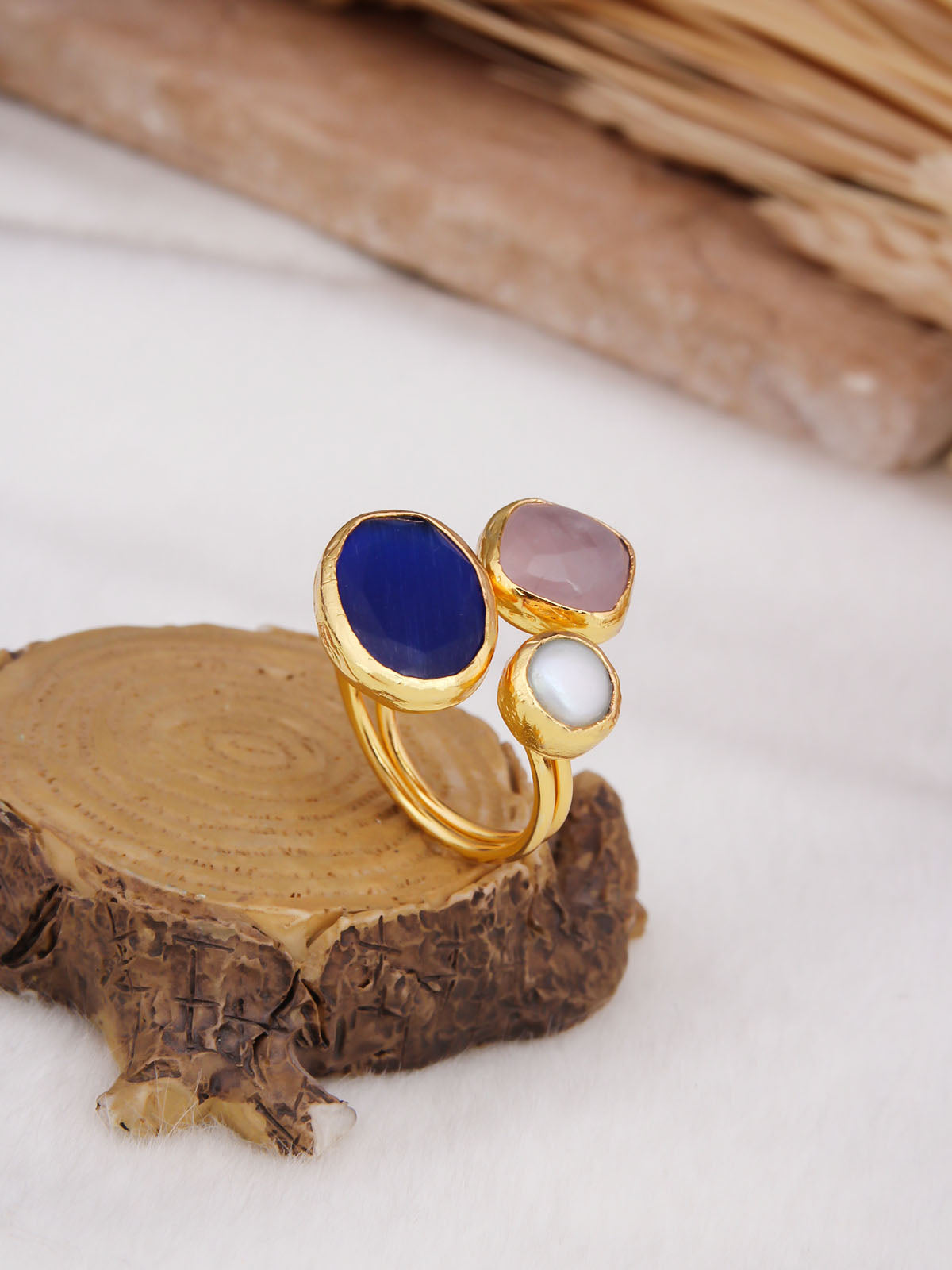Cat Eyes &amp; Pink Quartz &amp; Pearl Ring