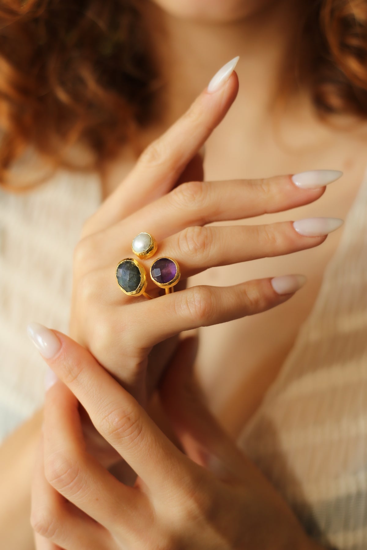 Amethyst & Labradorite & Pearl Bague