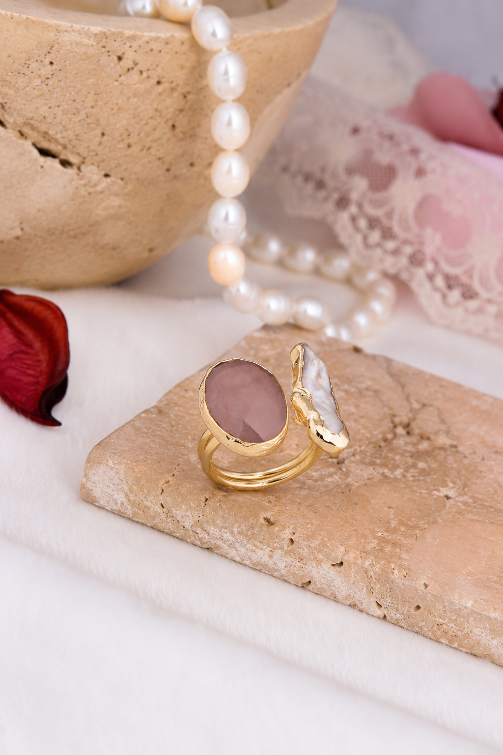 Pink Quartz & Pearl Ring