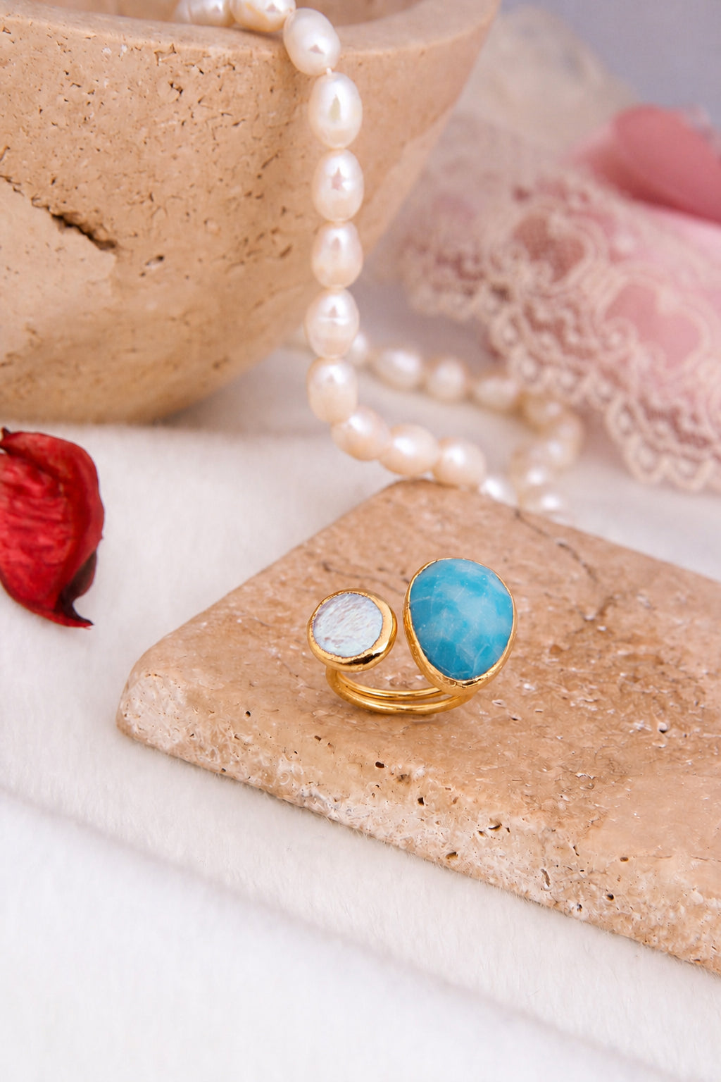 Blue Opal & Pearl Ring