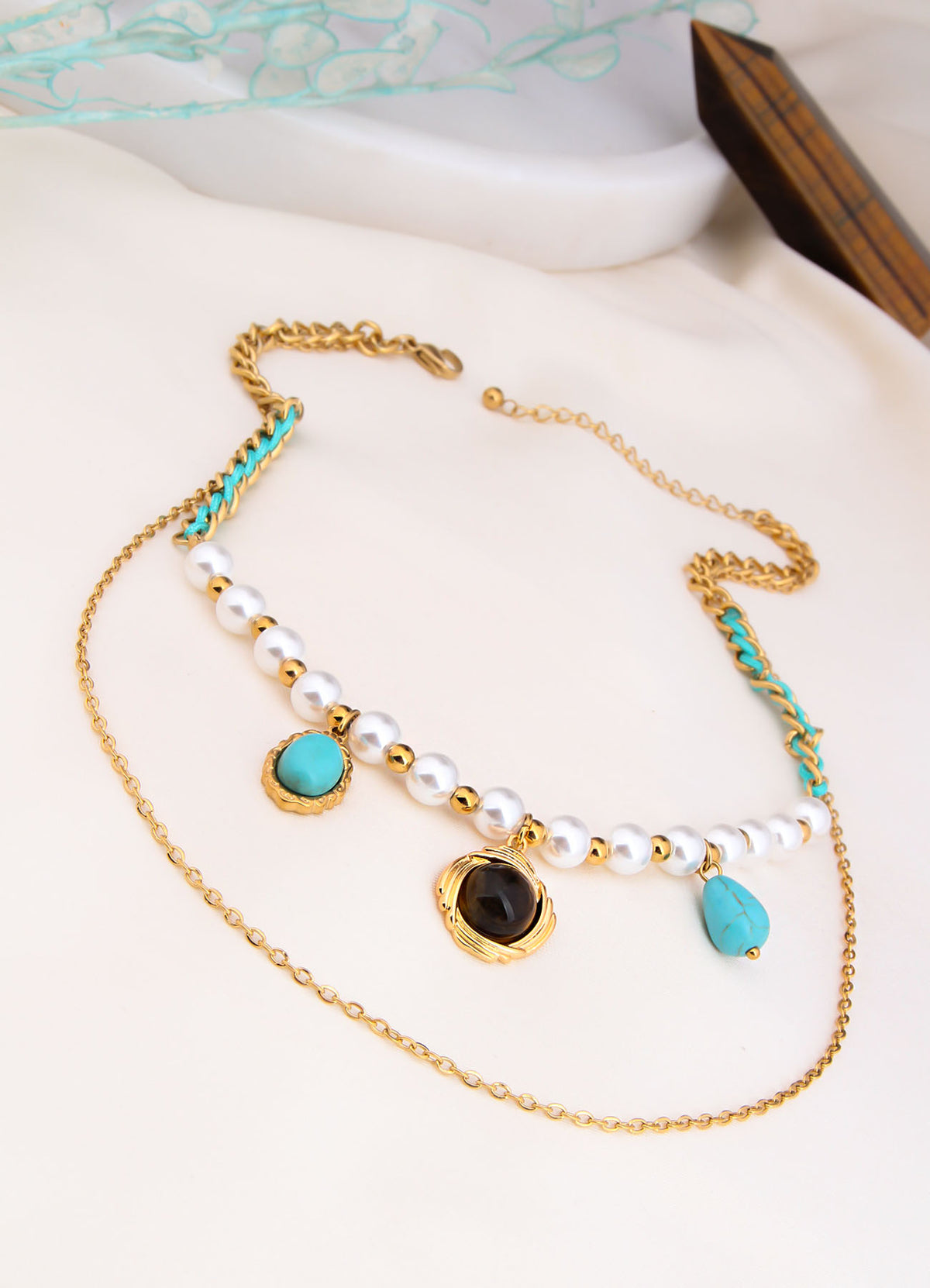 Turquoise & Pearl & Tiger Eyes Necklace