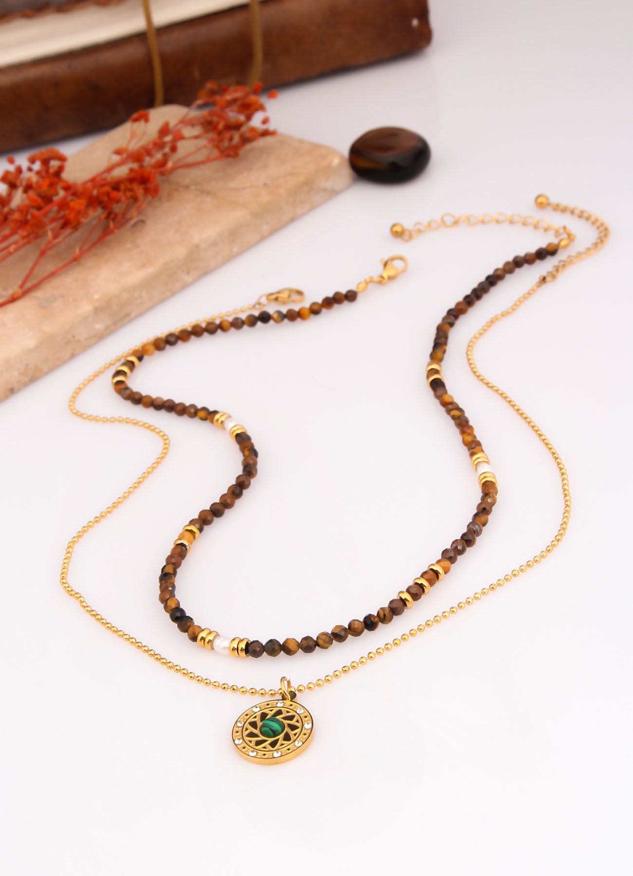 Tiger Eyes & Malahite Necklace
