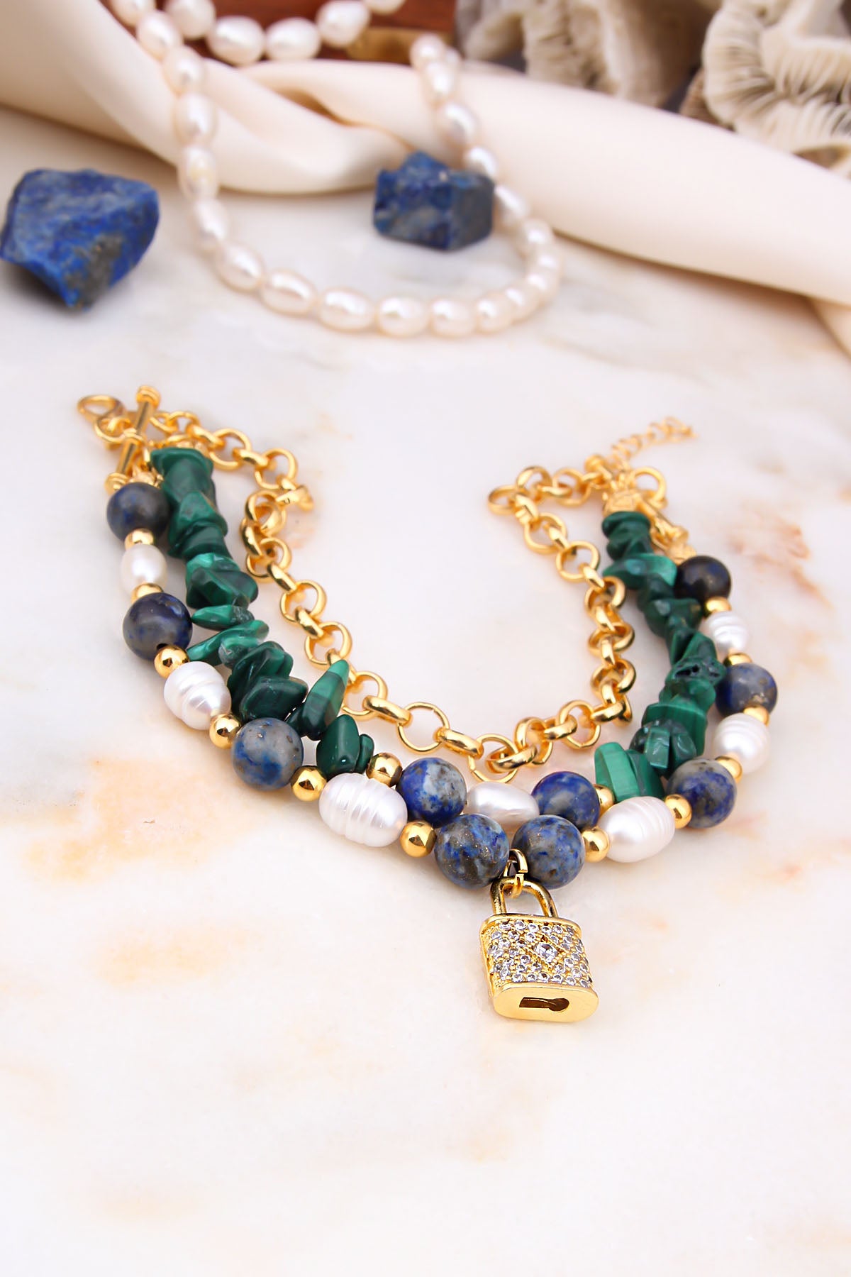 Malahite & Saphire & Culture Pearl Bracelet