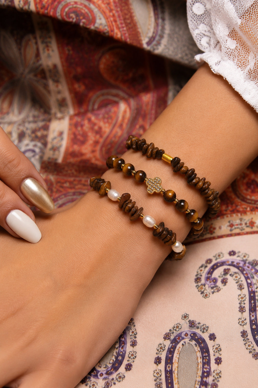 Tiger Eyes & Pearl Bracelet