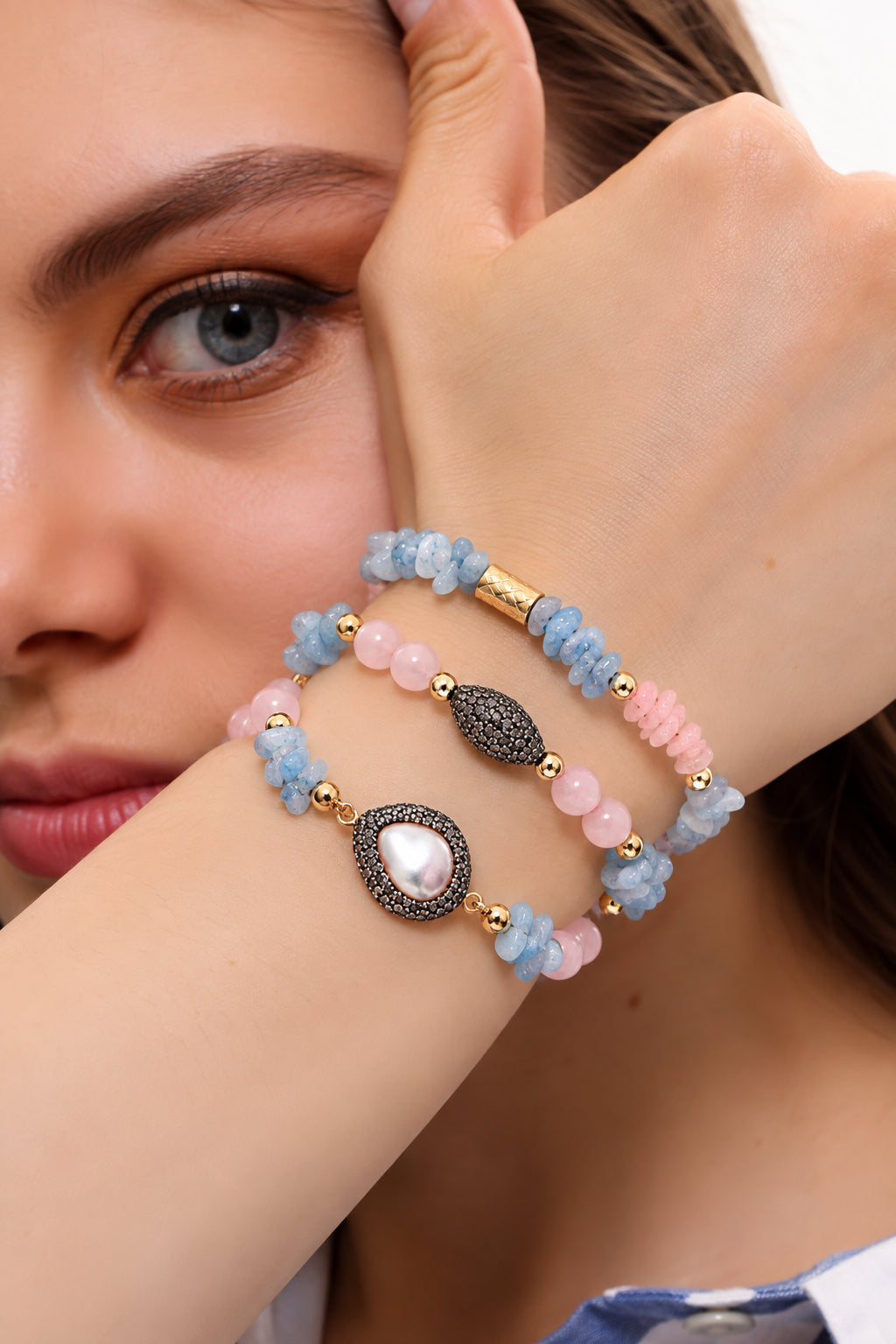 Pearl & Blue Opal & Pink Quartz Bracelet