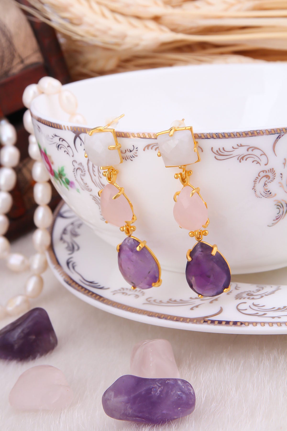 Moonstone & Pink Quartz & Amethyst Boucles d'oreilles