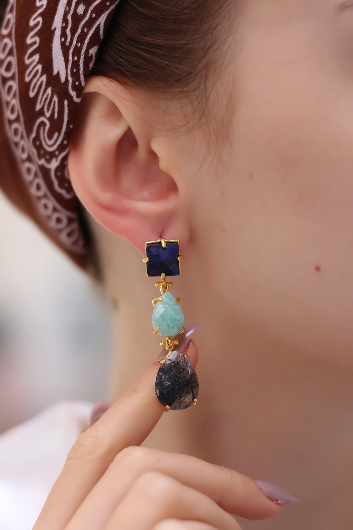 Labradorite & Saphire & Amazonite Boucles d'oreilles