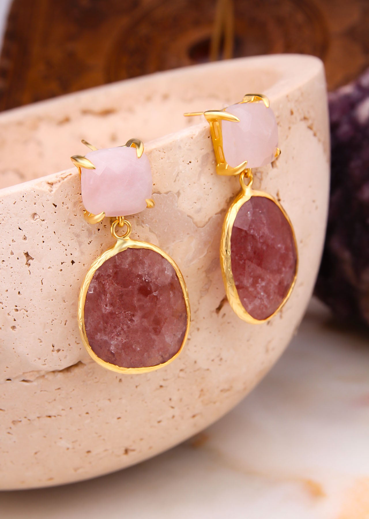 Strawberry Quartz & Pink Quartz Boucles d'oreilles