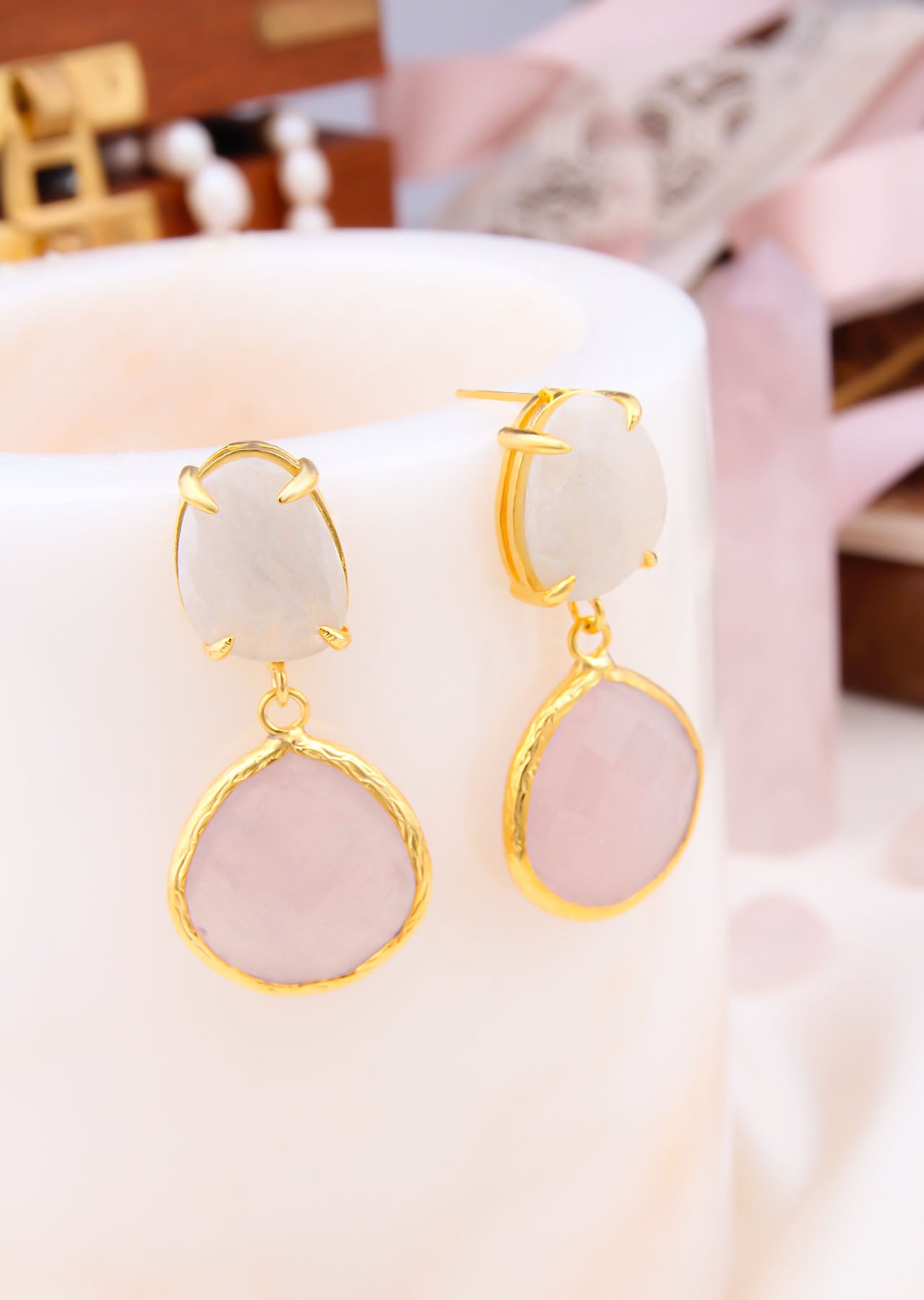 Moonstone & Pink Quartz Boucles d'oreilles