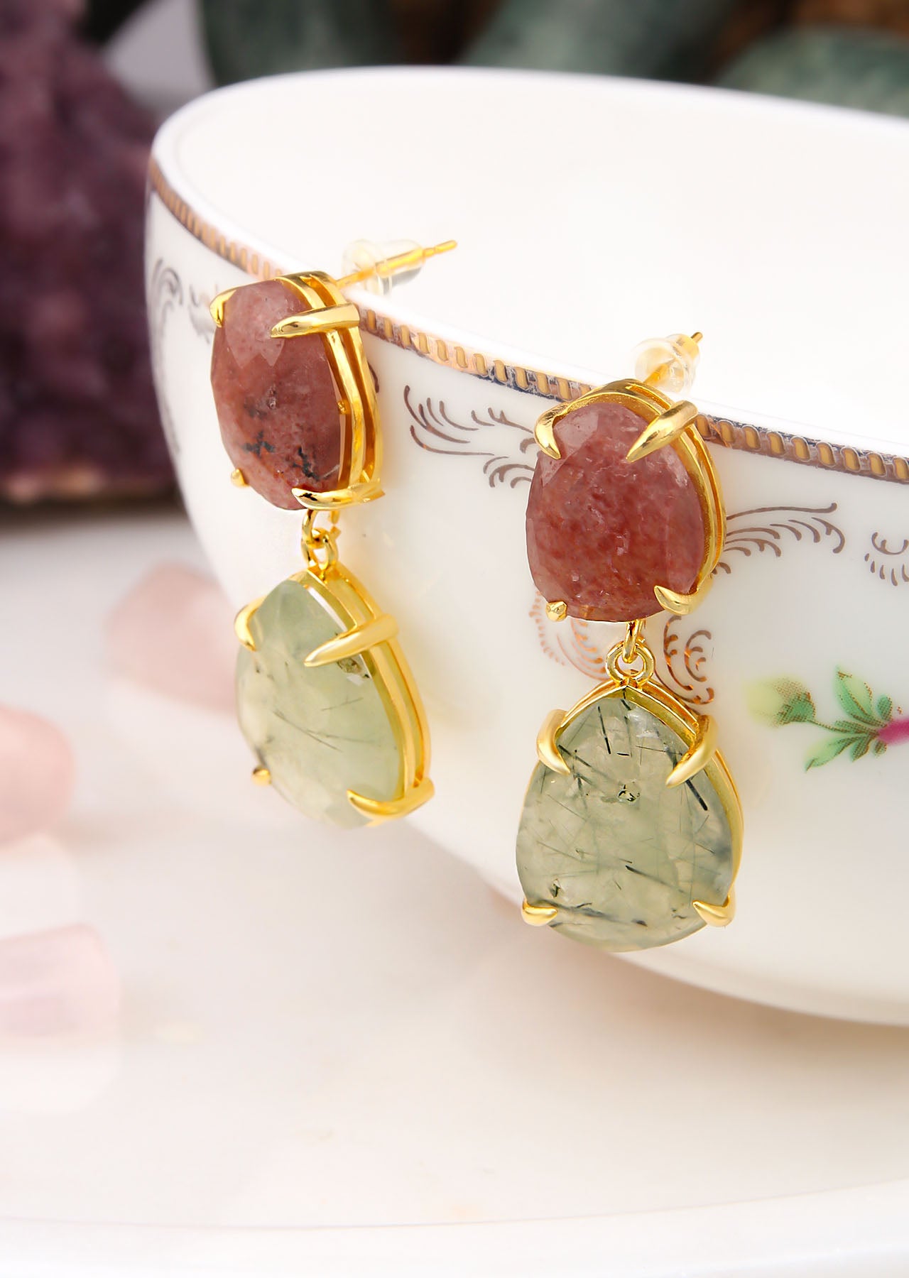 Strawberry Quartz & Prehnite Boucles d'oreilles
