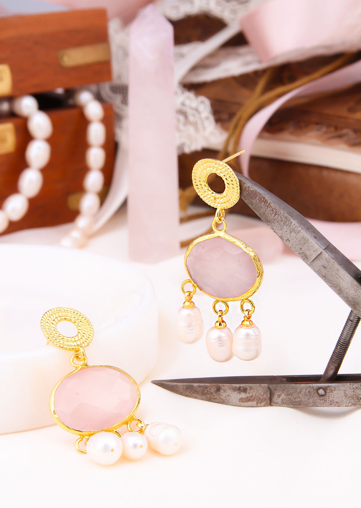 Pink Quartz & Pearl Boucles d'oreilles